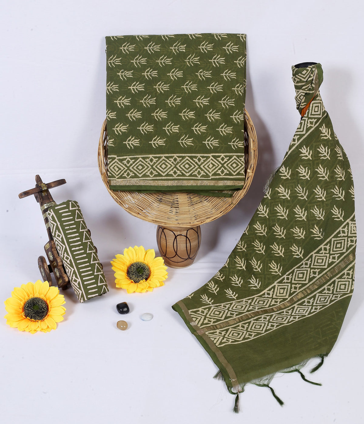 Zaitun Buta Olive Green Buta Chanderi silk hand block print suit material