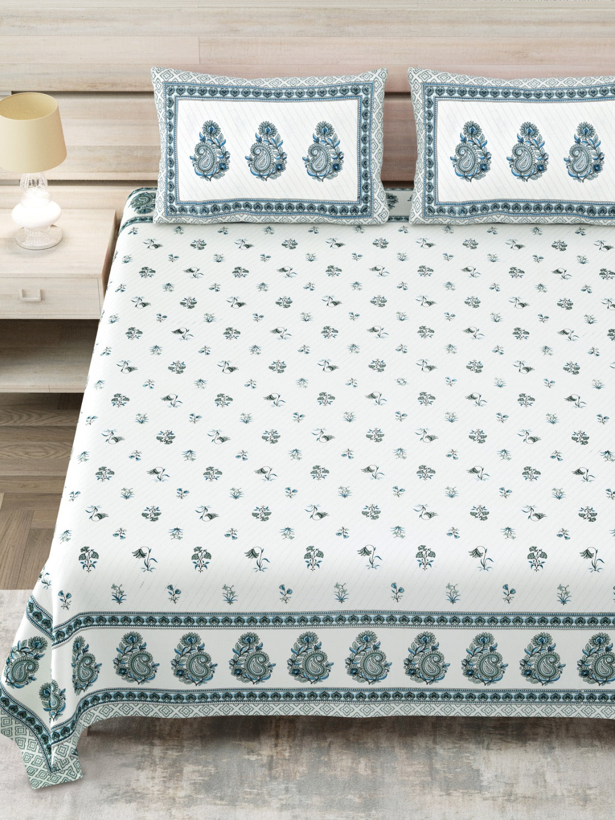 Avantika Sea Green Buti Kairi Border Cotton King Bedsheet With 2 Pillow Covers Bedsheet 1-K1WipFsf1QNsh5j_9yJeMZd0xj4gn5P_w2000