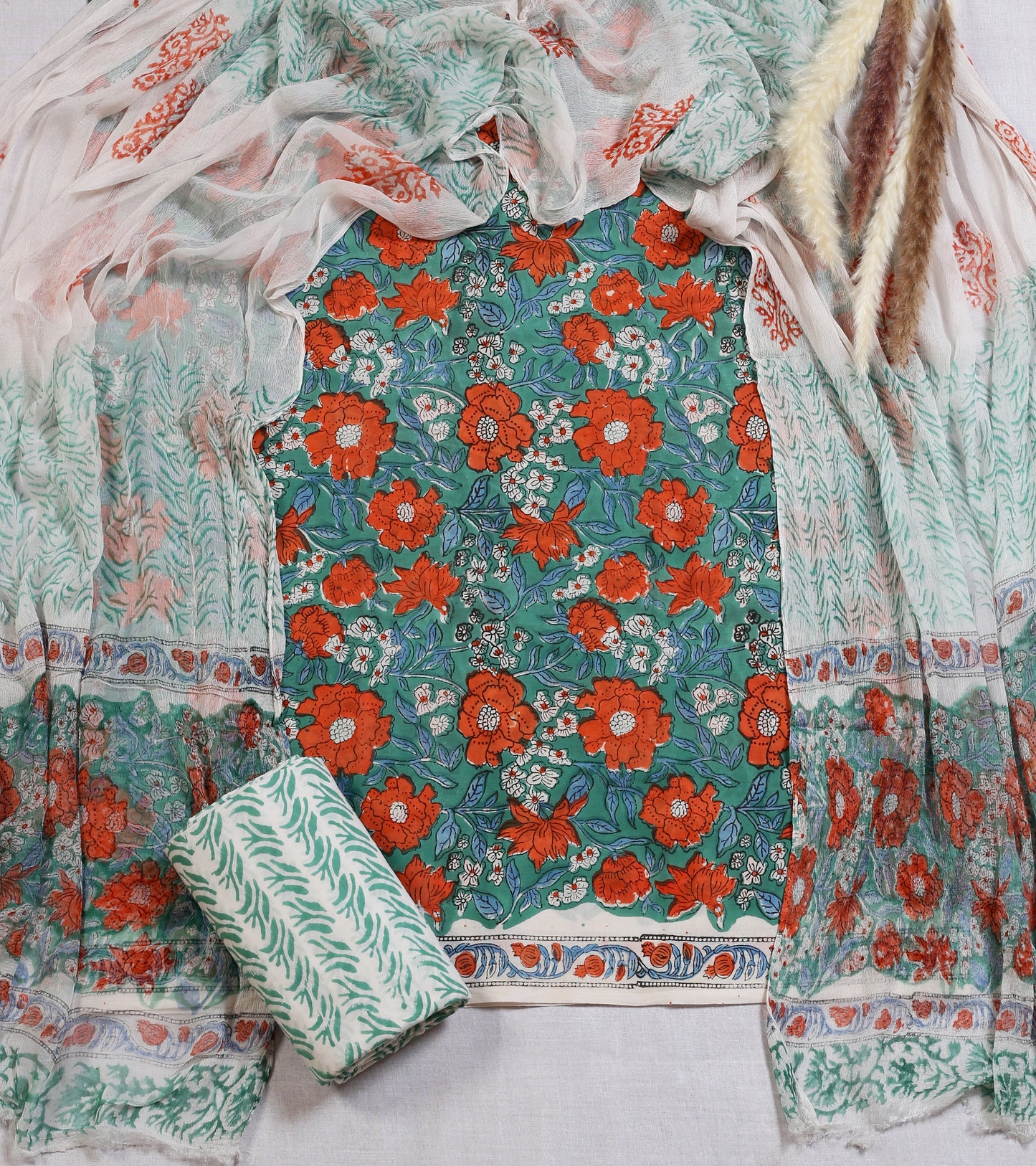 Hand Block Printed Cotton Suit Material | Emerald Green Bold Poppy Floral Jaal with Orange Red | Chiffon Dupatta | Wholesale Unstitched 3-Piece Set Suit Material 10_2
