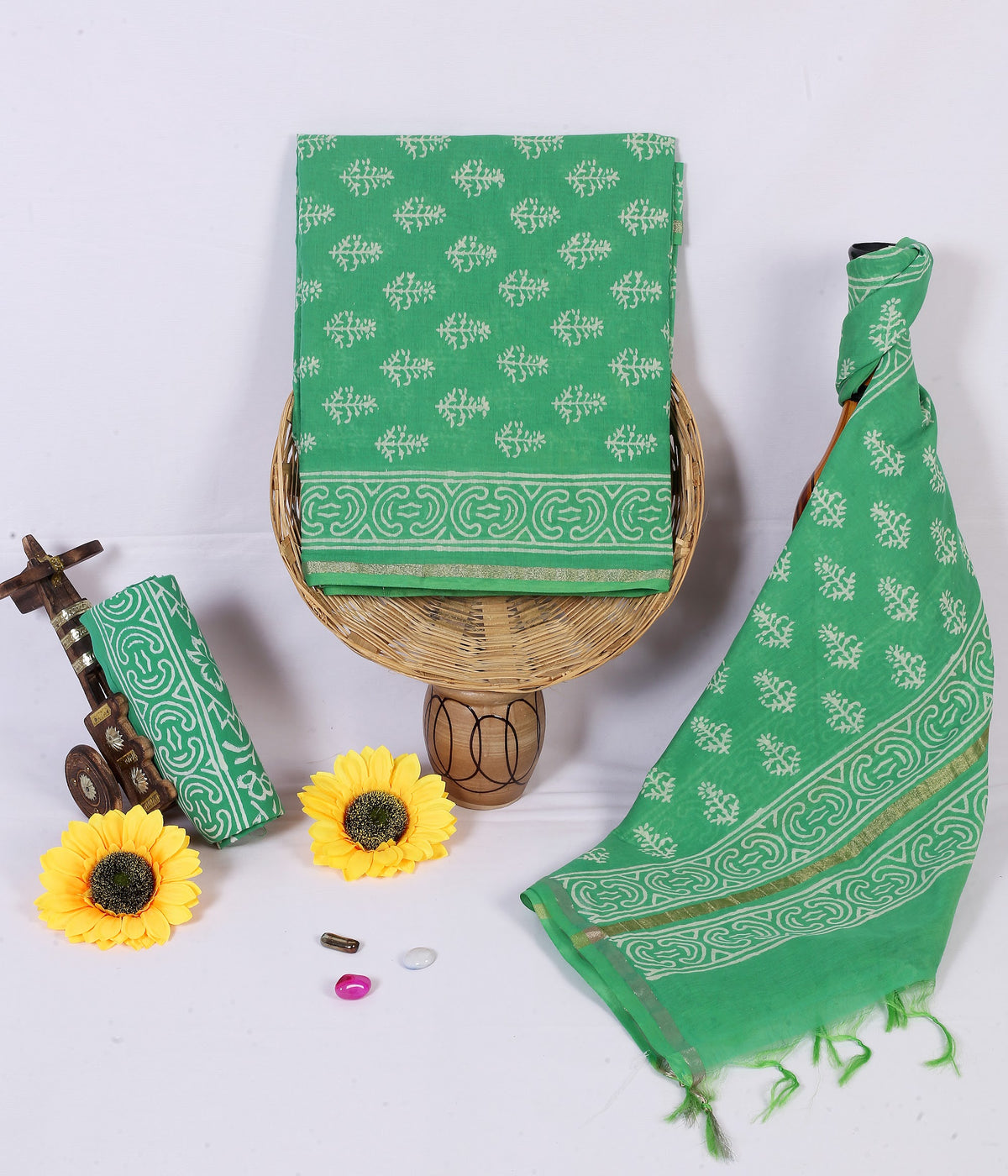 Panna Buta Emerald Green Buta Chanderi silk hand block print suit material
