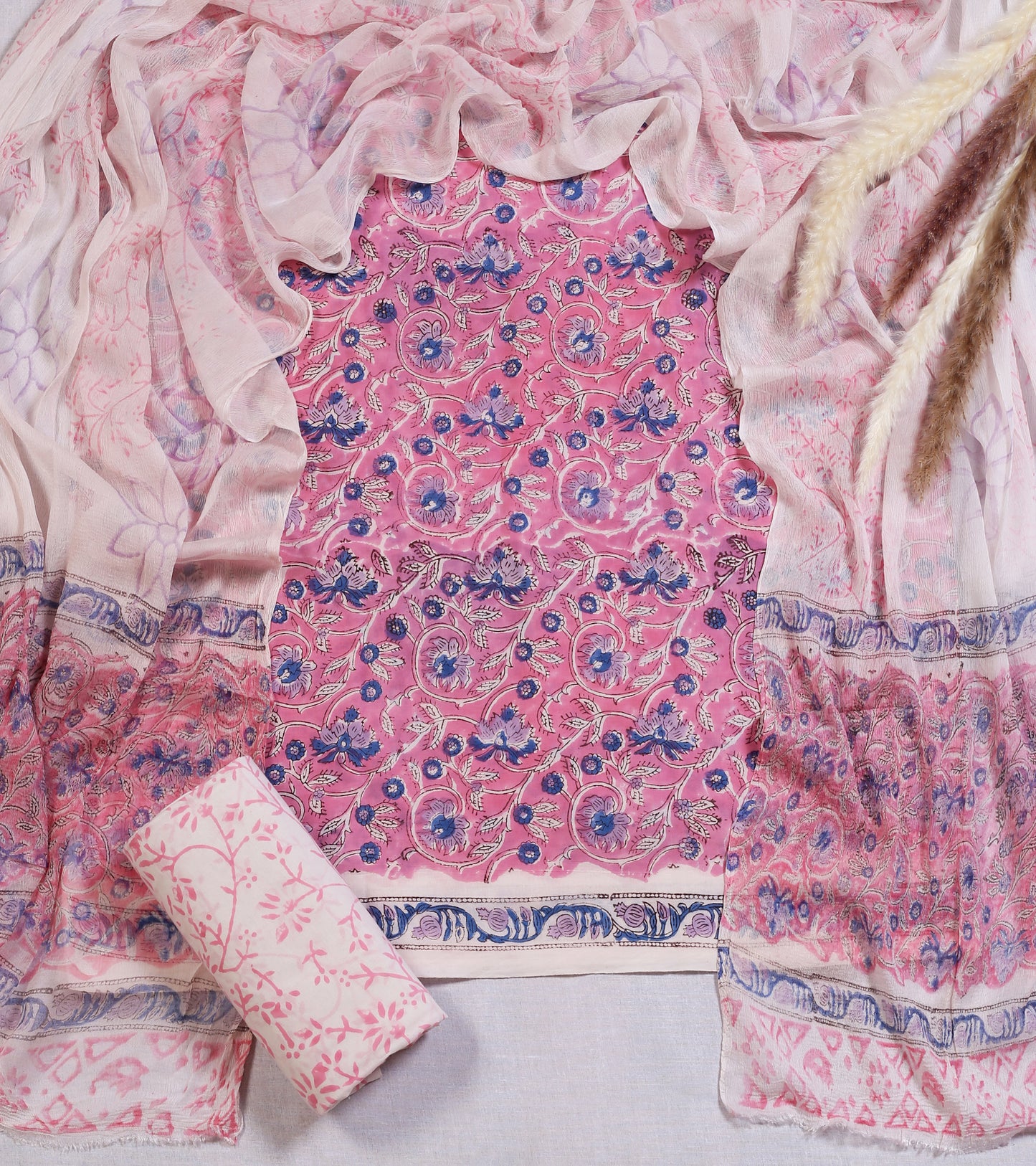 Hand Block Printed Cotton Suit Material | Rose Pink Scrolling Vine Floral Jaal with Navy Blue | Chiffon Dupatta | Wholesale Unstitched 3-Piece Set Suit Material 11_2