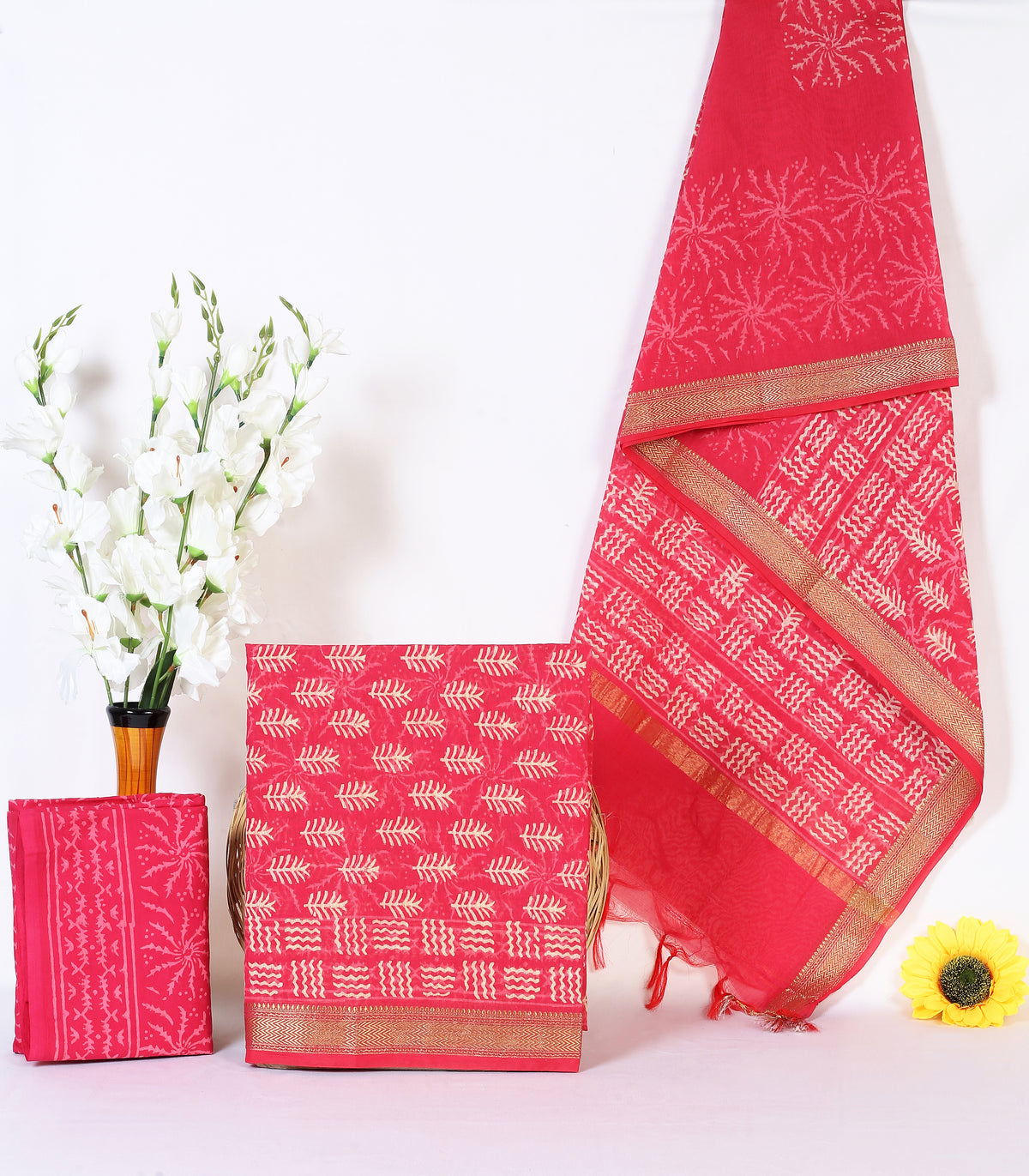 Anaar Buta coral red buta maheshwari silk hand block print suit material with zari border – wholesale Jaipur