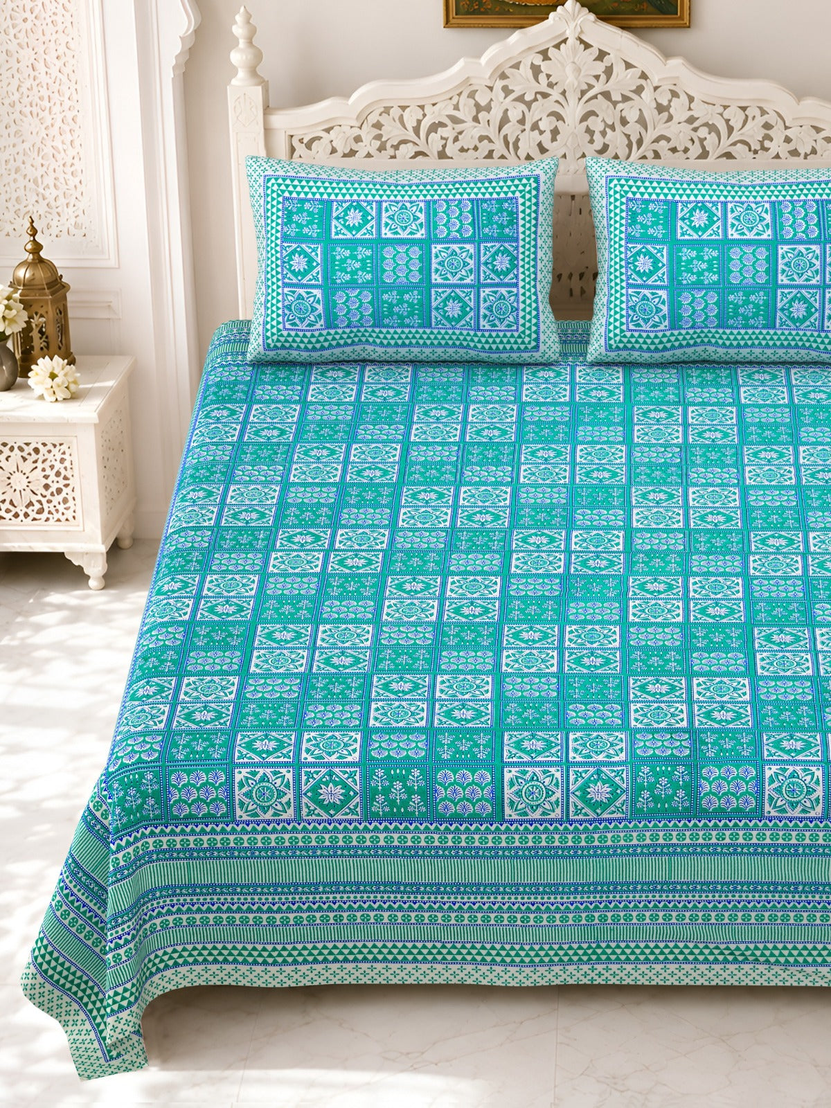 Premium Royal Block Aqua Check Cotton Double Bedsheet 90x108 with 2 Pillow Covers Bedsheet 13-l3rSob5Cm71m5j_PJYksEJmXFGmmV0_w2000