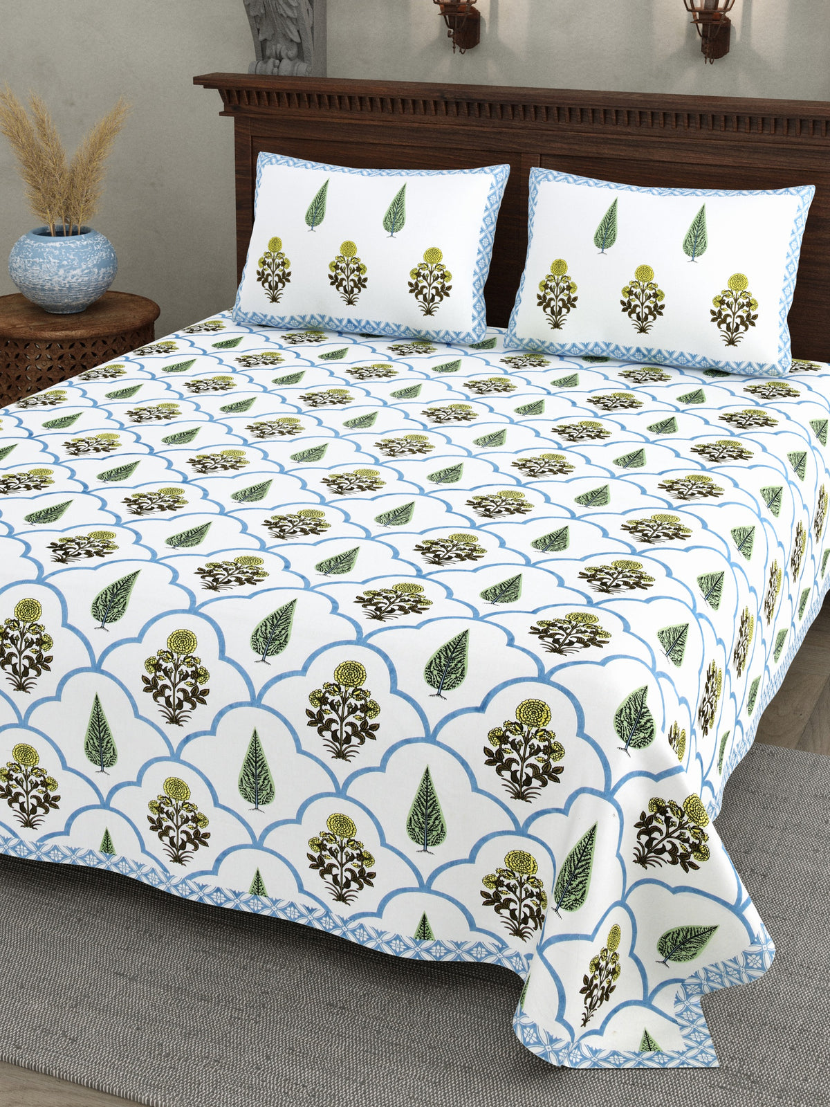 Elite Sky Blue Mughal Trellis Cotton Double Bedsheet 90x108 with 2 Pillow Covers Bedsheet 14RcLJPuyGnpxax0oJMiPbZRByXQY8gZ6_w2000