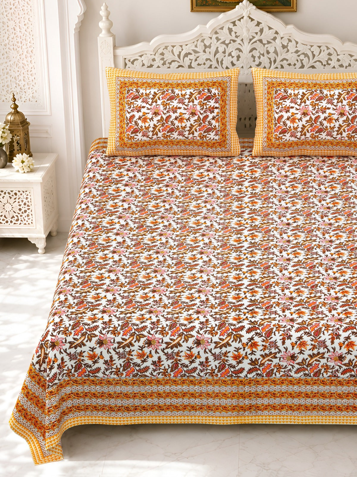 Premium Royal Block Orange Floral Jaal Cotton Double Bedsheet 90x108 with 2 Pillow Covers Bedsheet 16jt6PqexKN3q3Hdmb0L7SB6kVN4wdJAl_w2000