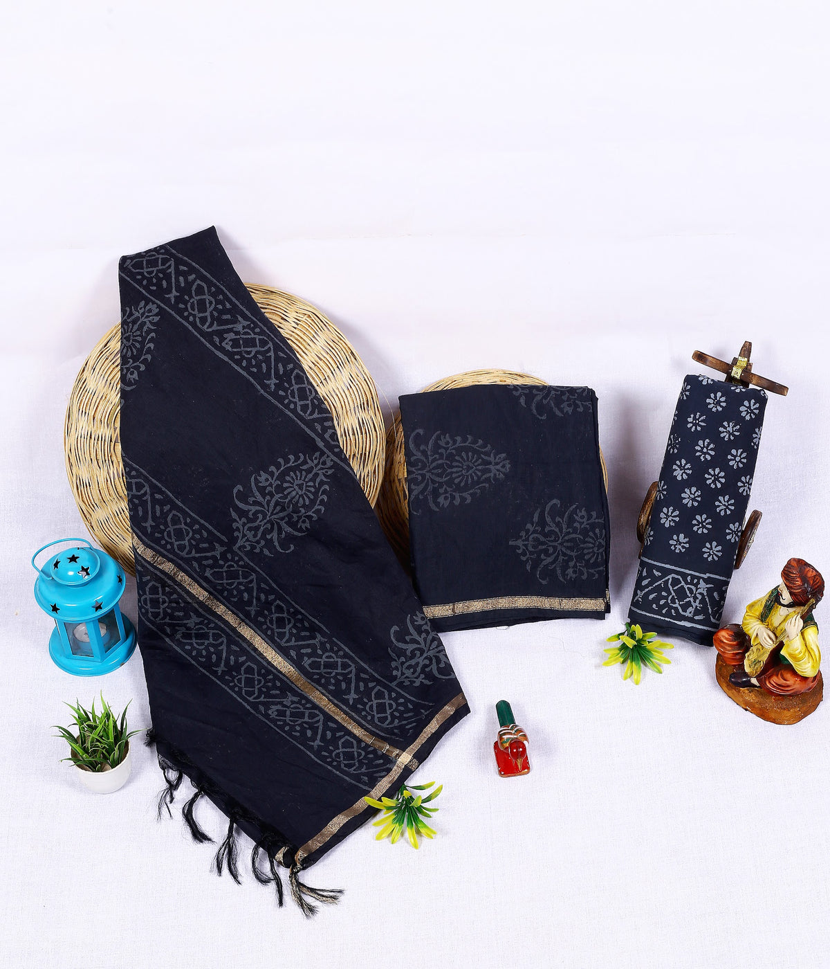 Raat Kairi Navy Paisley Buta Chanderi silk hand block print suit material
