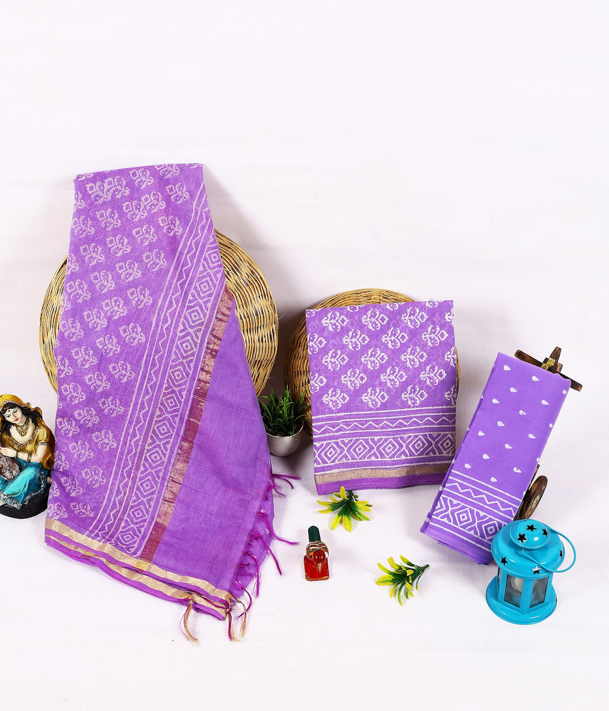 Lavender Zari Buta Lavender Buta Chanderi silk hand block print suit material