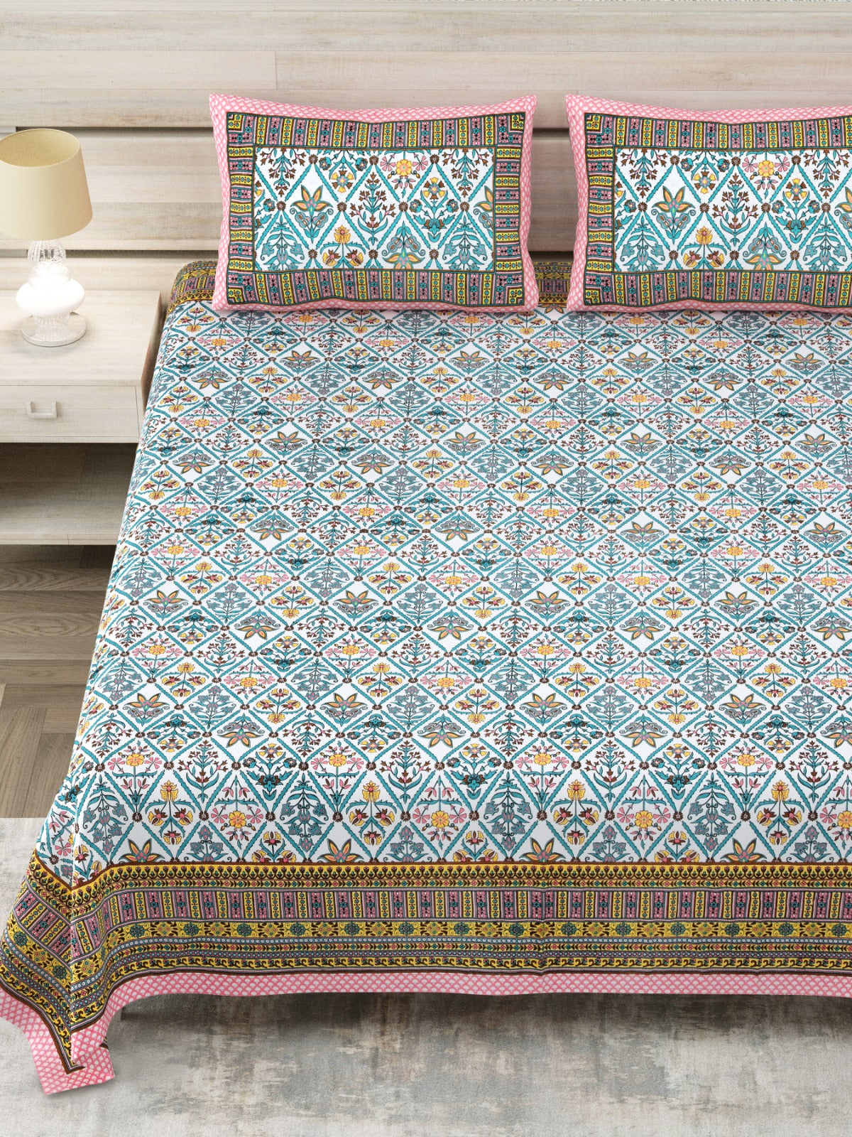 Avantika Blue Pink Border Floral Jaal Cotton King Bedsheet With 2 Pillow Covers Bedsheet 1CeyAj5Jlw0sy5wnehlPtUFjoM08ey8j1_w2000