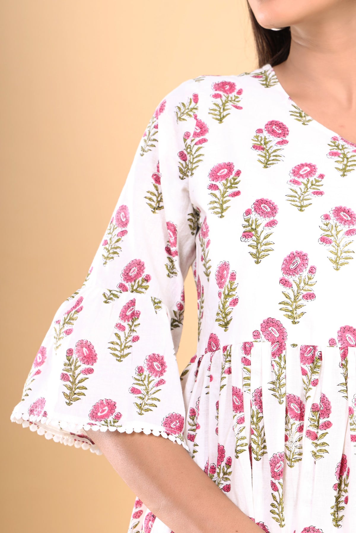 Printed Cotton Tiered Kurti Dress – White Pink Rose Short (Make to Order) Ready to Wear 1D_ZIebEOTn3UjVAhvX20OO2W0PR014q0_w2000