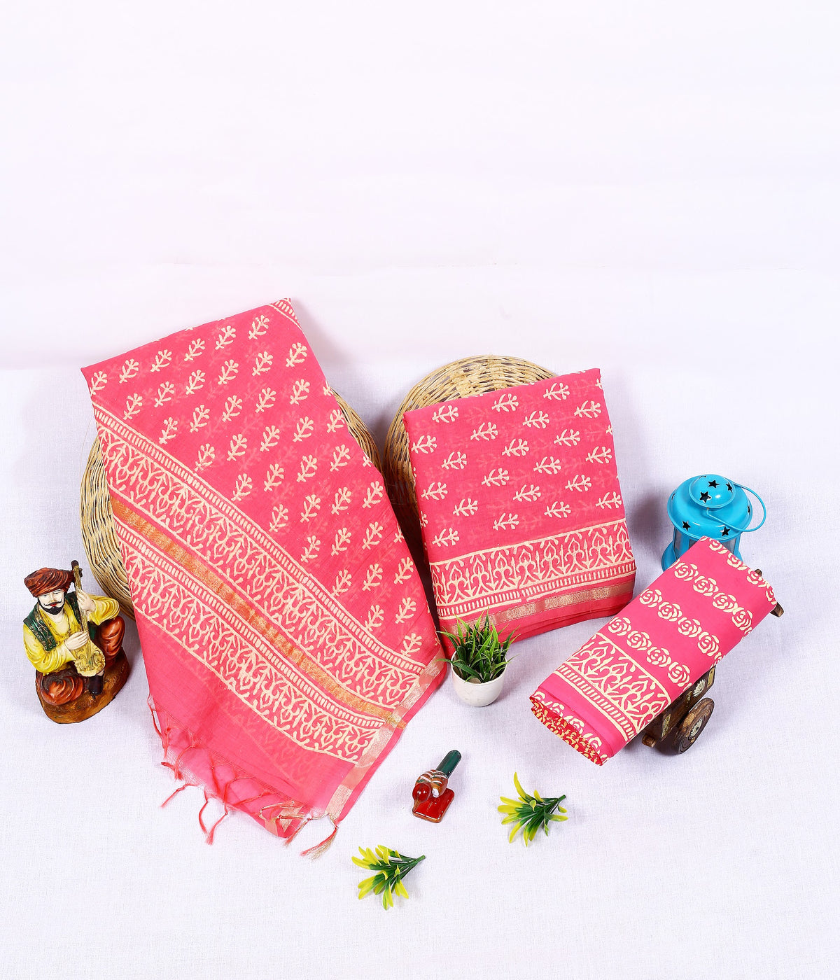 Gulnari Buta Coral Pink Buta Chanderi silk hand block print suit material
