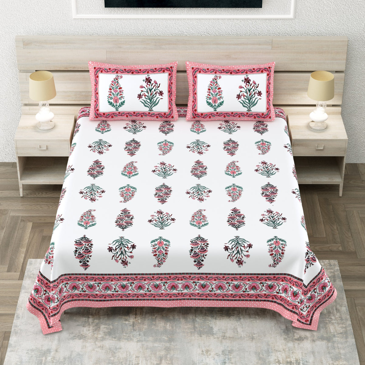 Avantika Pink Border Leaf Buta Cotton King Size Bedsheet With 2 Pillow Covers Bedsheet 1H9mJa4EZ5ftkzU_zCi7B1znYOMuaAqkJ_w2000