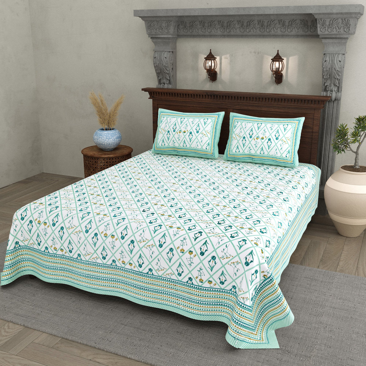 Neelam Teal Trellis Cotton Double Bedsheet 90x108 with 2 Pillow Covers Bedsheet 1HsIR-ecpkl4f3bhtKdHy2cTAbBQcd2Io_w2000