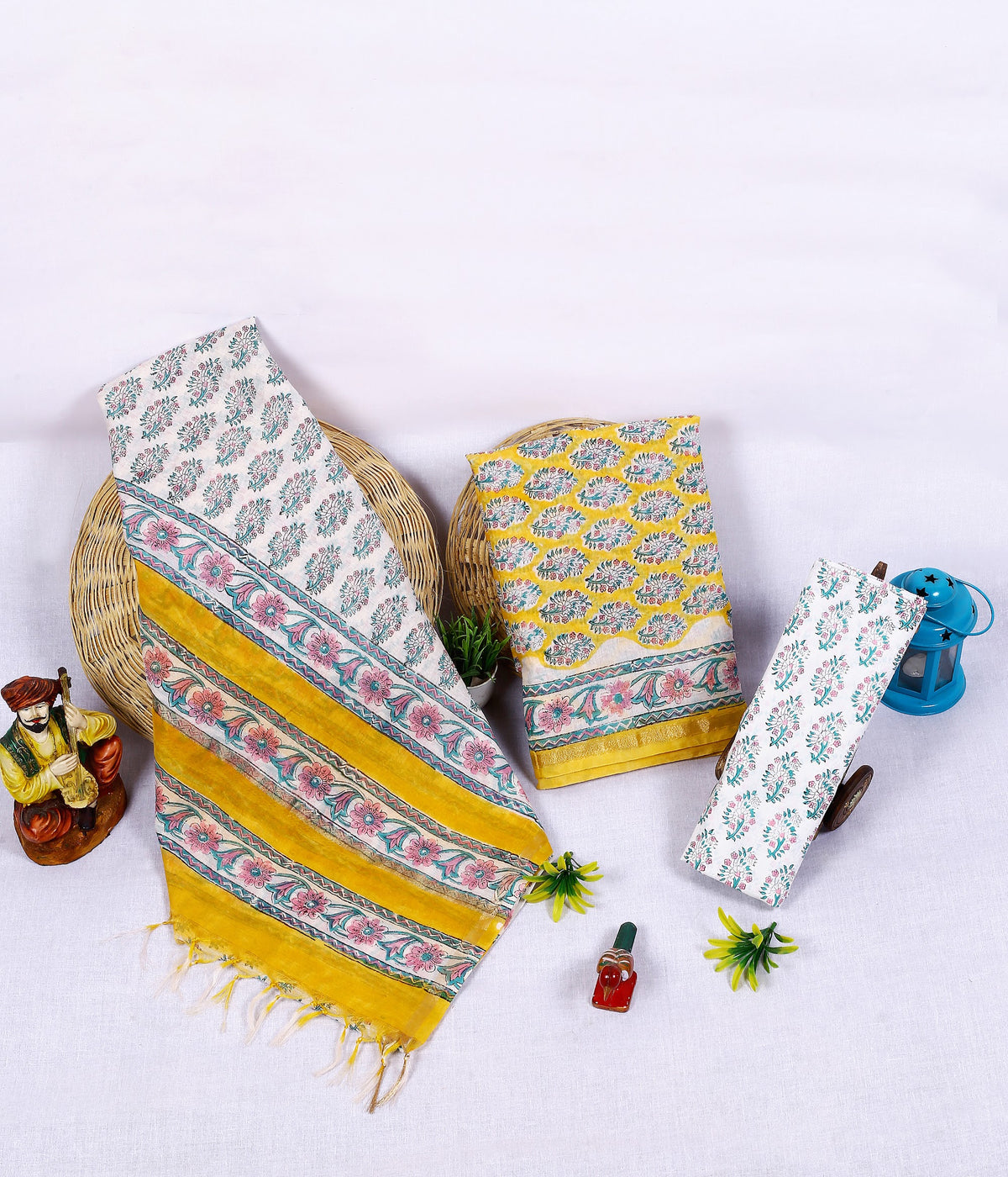 Peeli Phool Dhaari Yellow Floral Stripe Chanderi silk hand block print suit material