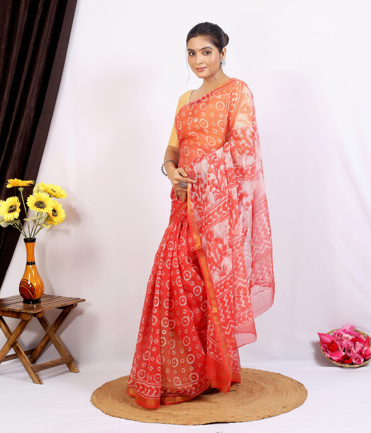 Orange Coral Jaal Kota Doria bagru hand block print saree with blouse – orange coral – wholesale Jaipur – view 5