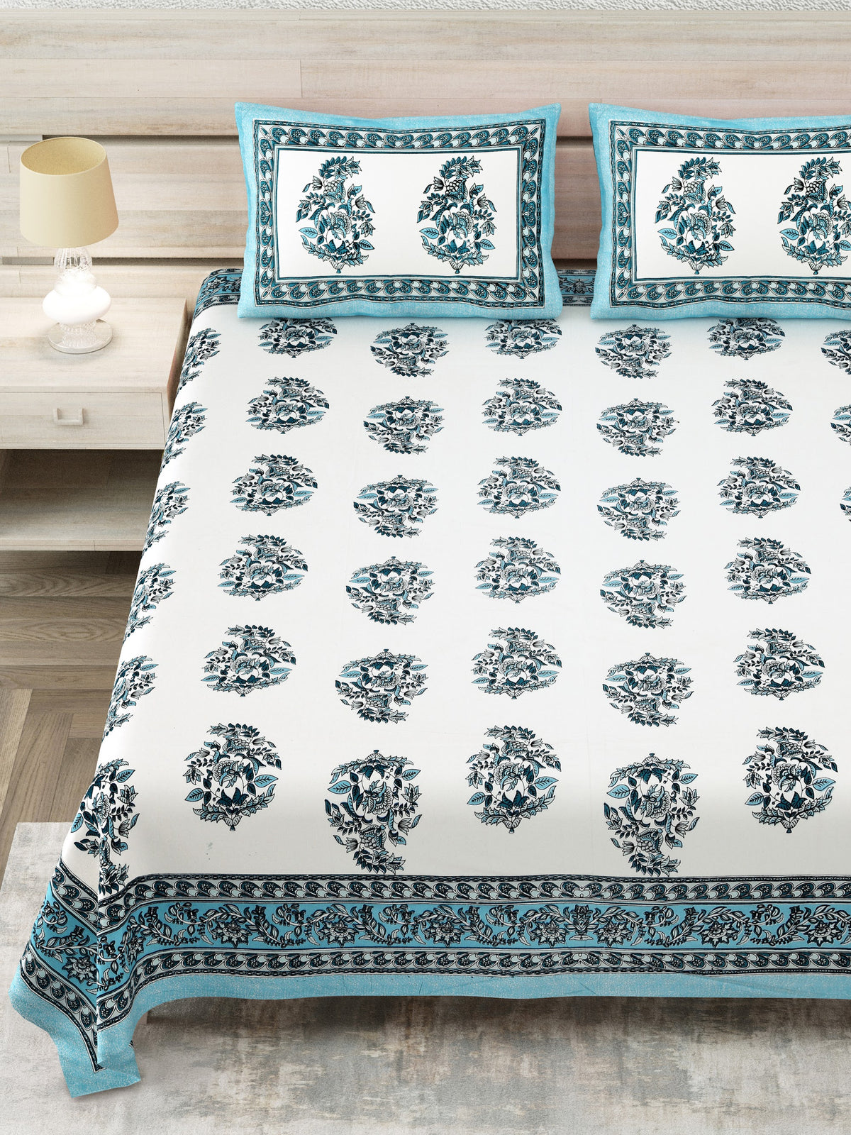 Avantika Teal Mughal Buta Cotton King Size Bedsheet 108x108 With 2 Pillow Covers Bedsheet 1MTFLGS45F3ODTBOWgs43FF6k5Men5qp3_w2000