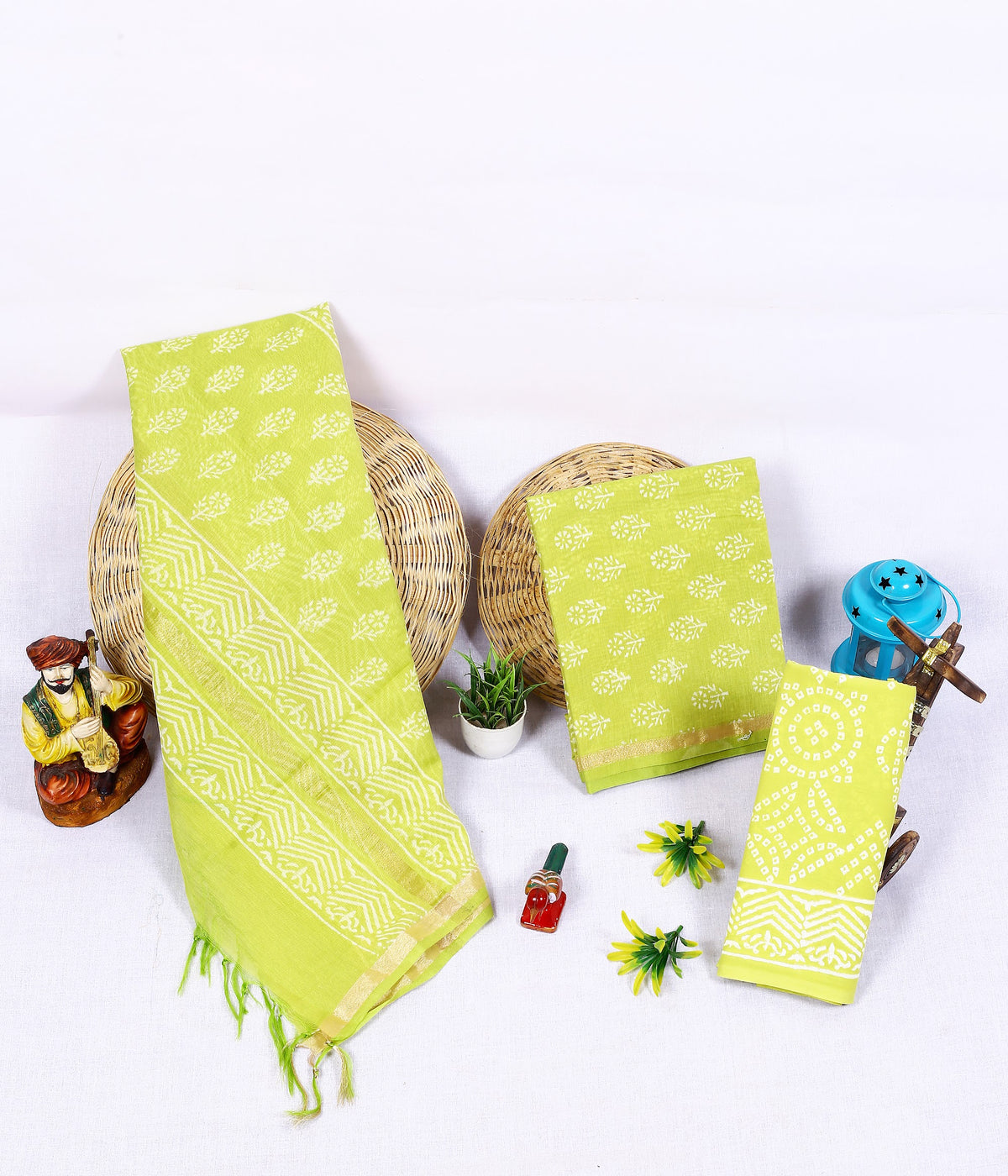 Dhani Buti Lime Buti Chanderi silk hand block print suit material