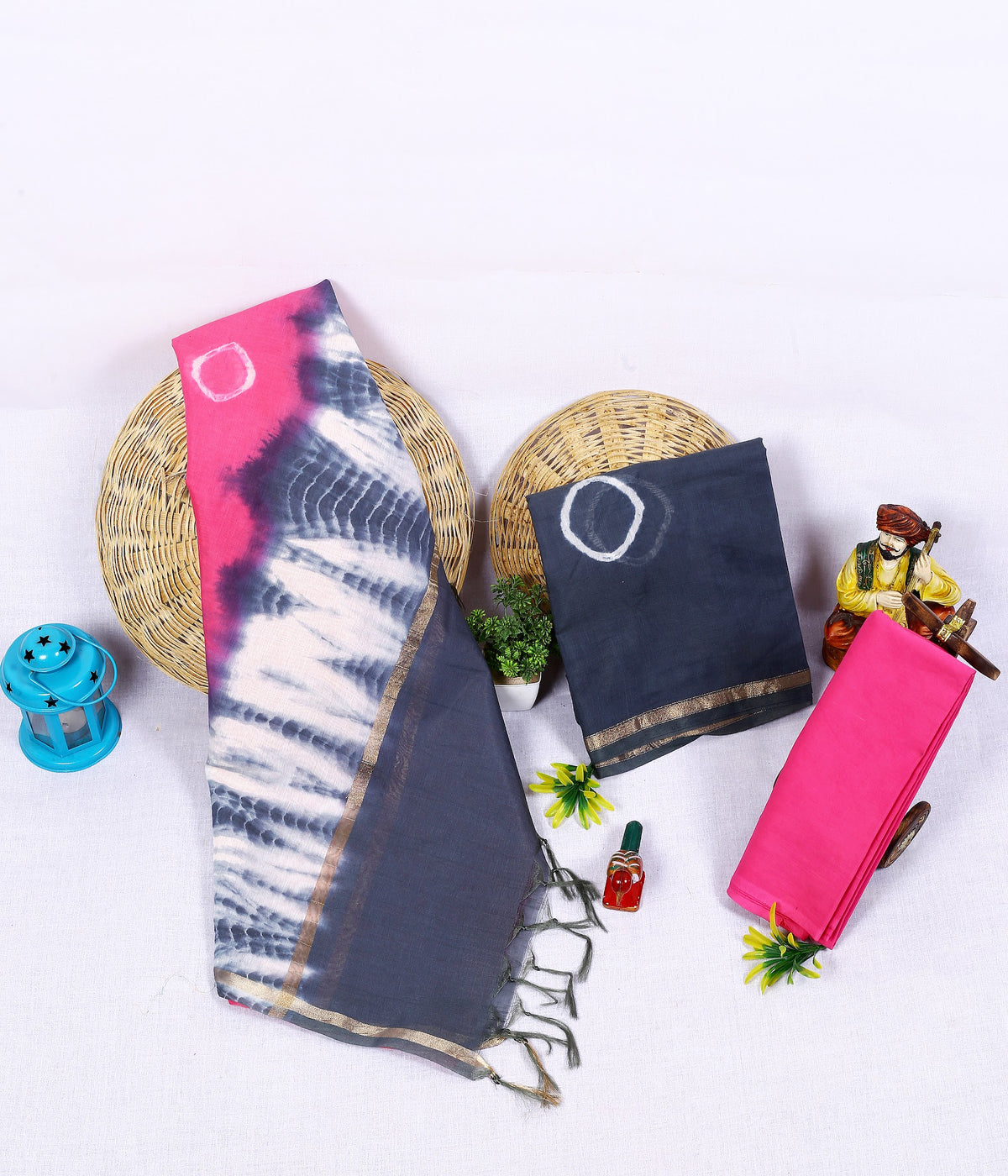 Neel Gulabi Shibori Navy Pink Shibori Chanderi silk tie-dye suit material
