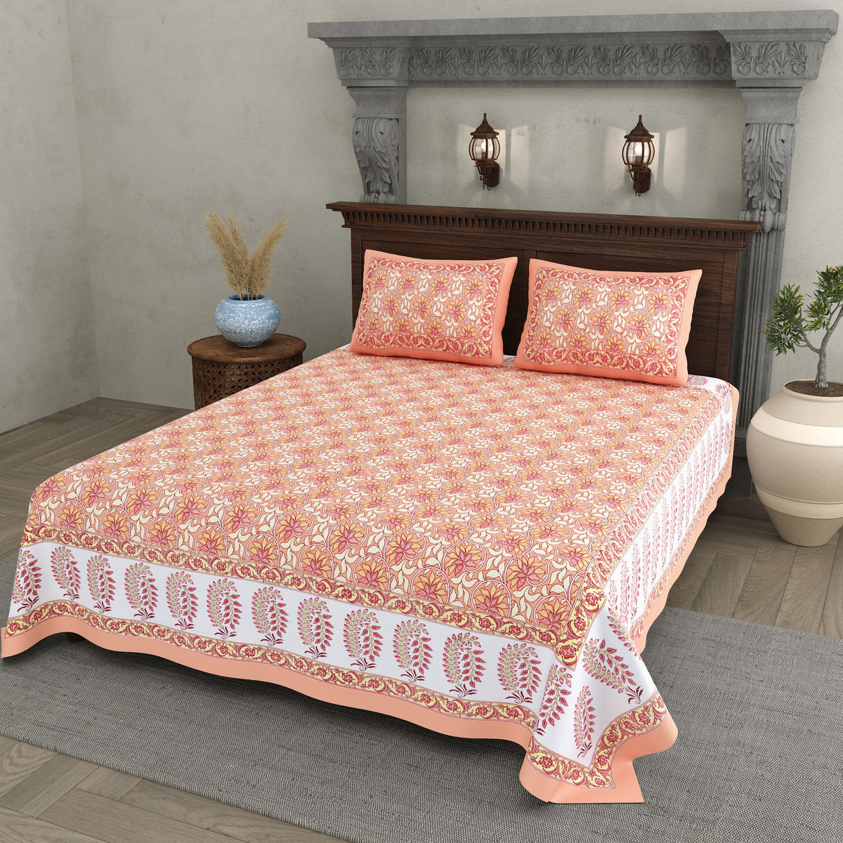 Kesar Peach Keri Border Cotton Double Bedsheet 90x108 with 2 Pillow Covers Bedsheet 1PaRYmskLCn83vj3wGN-sFTLE7oJ690hN_w2000