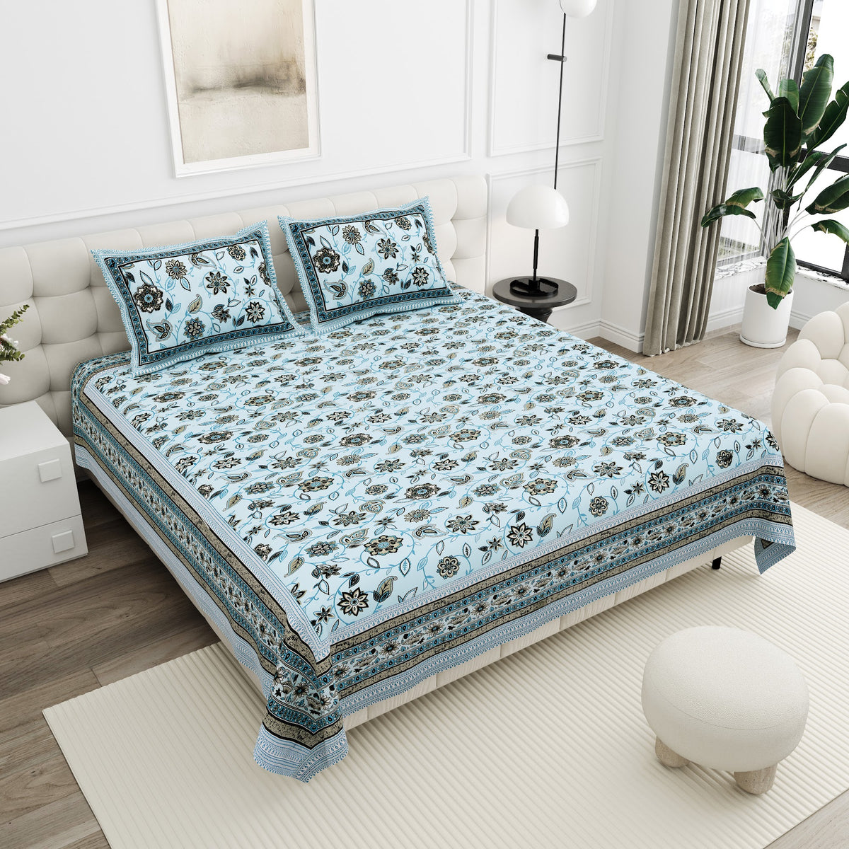 Neelam Ice Blue Floral Cotton Double Bedsheet 90x108 with 2 Pillow Covers Bedsheet 1Q24sPiIXWB-acpqbnPmIqlNkAZVpxhs4_w2000