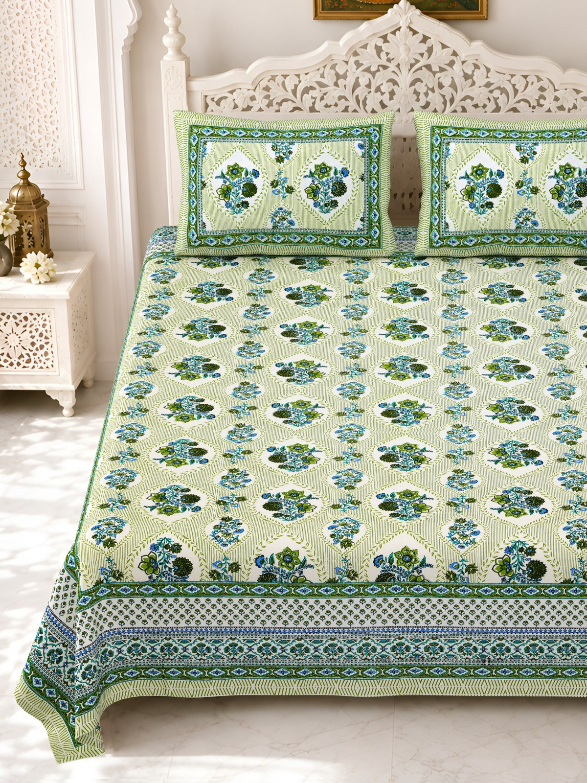 Premium Royal Block Green Floral Buta Cotton Double Bedsheet 90x108 with 2 Pillow Covers Bedsheet 1QHXEHBUkec08PKpe06hpcYwXULhmhWpw_w2000