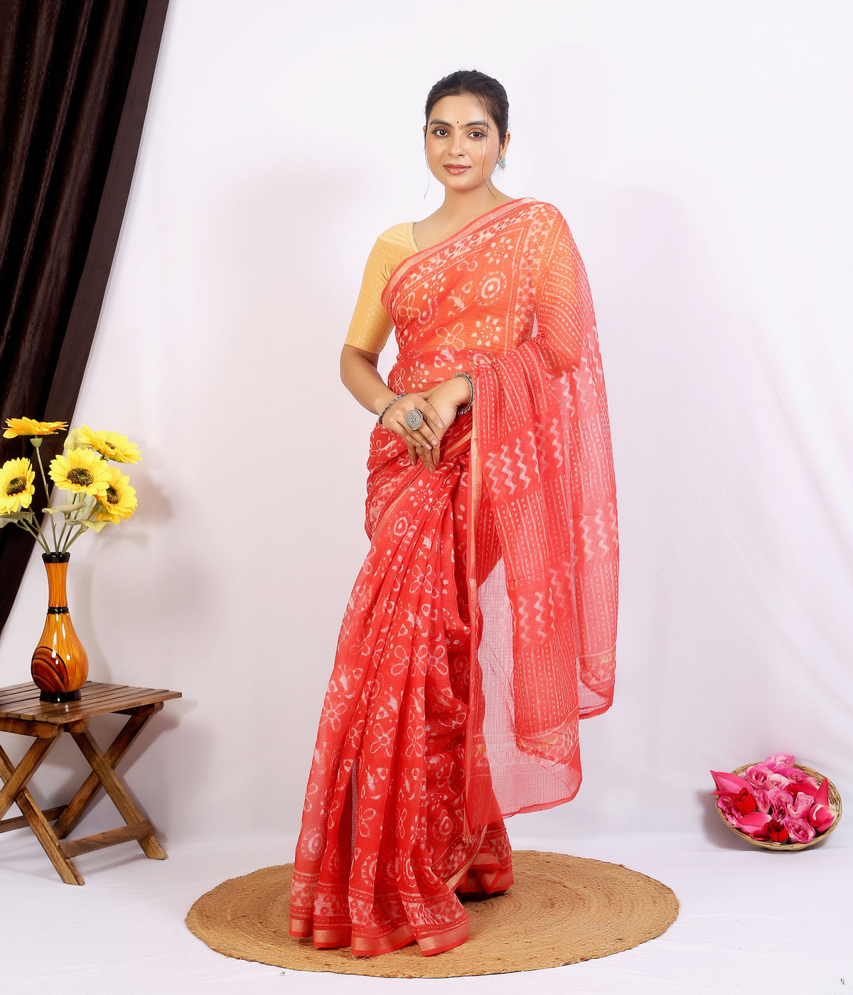 Coral Floral Buta Kota Doria bagru hand block print saree with blouse – coral – wholesale Jaipur – view 6