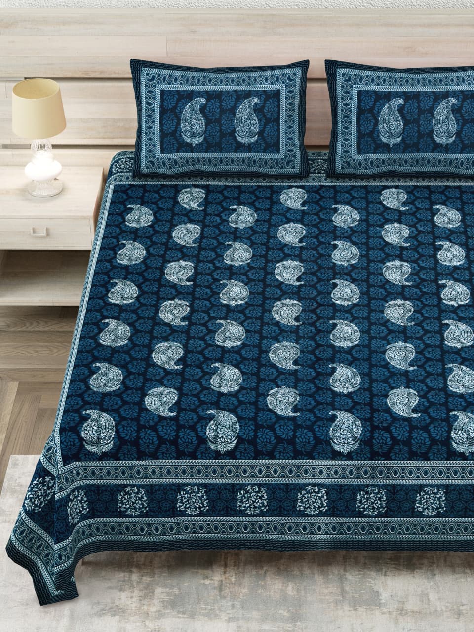 Royal Sanganer Indigo Paisley Kairi Pure Cotton Double Bedsheet 90x108 with 2 Pillow Covers Bedsheet 1Sr5vaEyKXK7_0QXwnYju8SA_Ff4DQx1__w2000