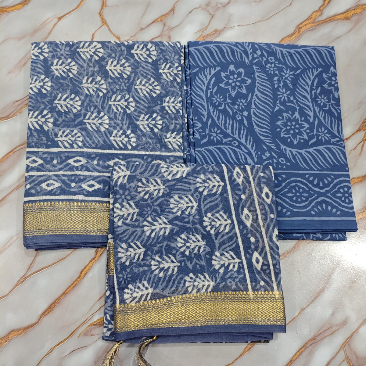 Maheshwari Silk Hand Block Print Suit Material | Neel Patti – Indigo Leaf Buta | Slate Blue & White | Golden Zari Border | Wholesale Suit Material 1TRv-t55RQYgZJjlDBOSG_JYuClnttE6a_s0