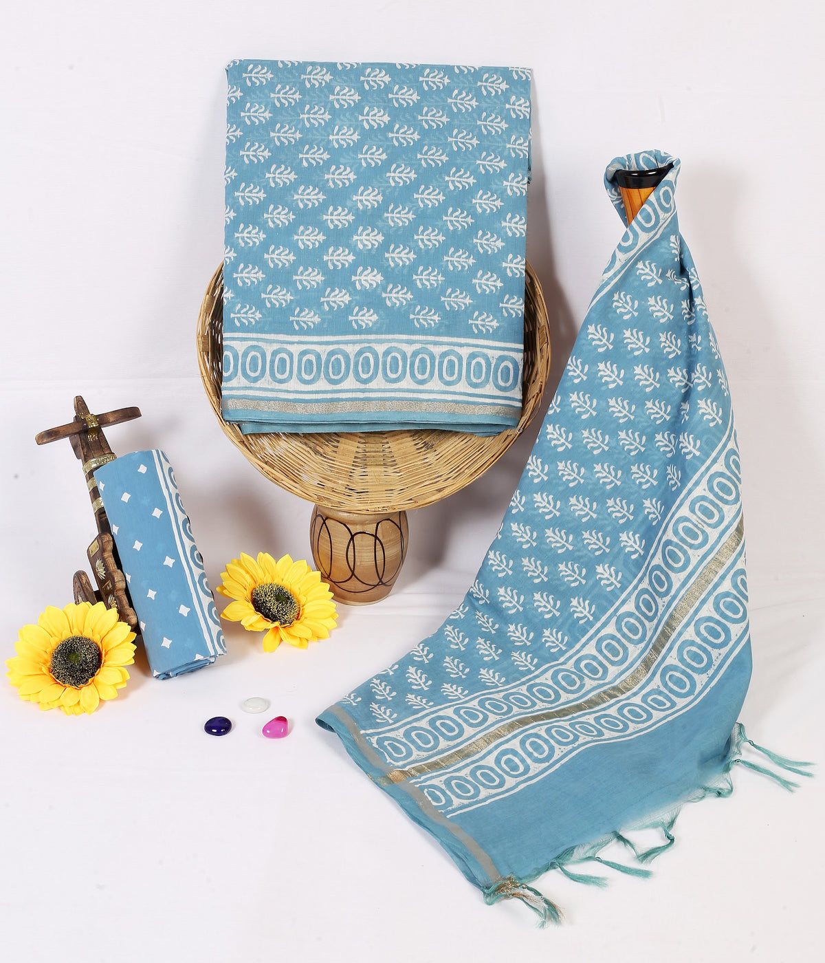 Firozi Kairi Buti Aqua Ogee Buti Chanderi silk hand block print suit material
