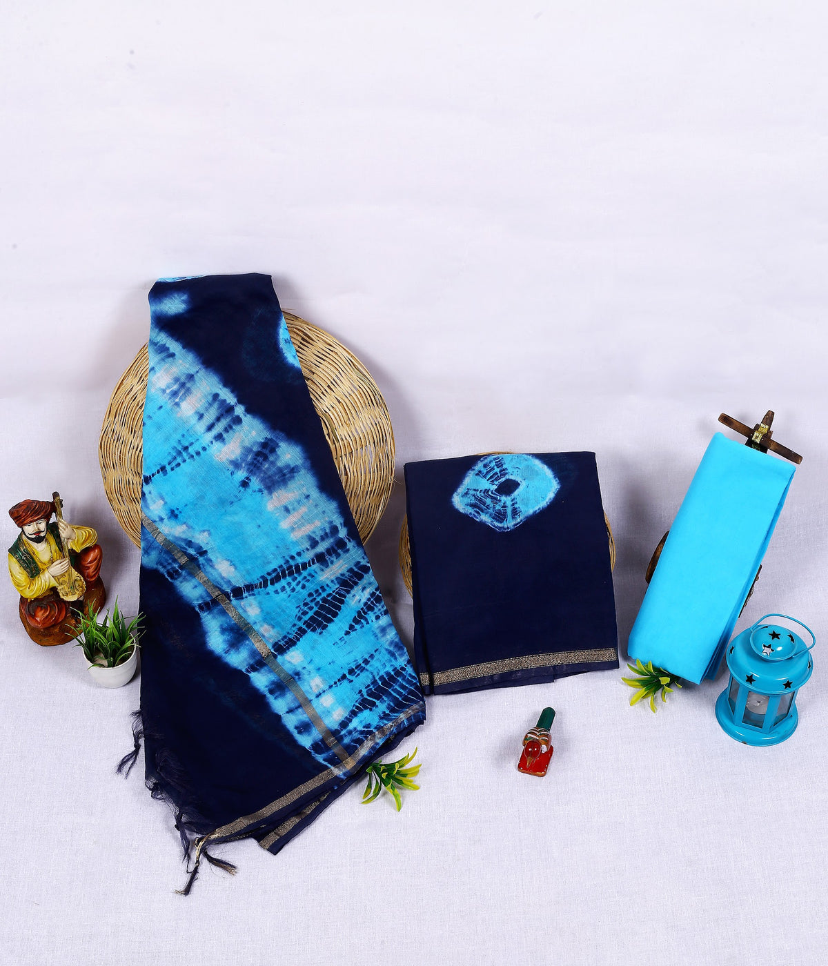 Raat Firozi Shibori Navy Aqua Shibori Chanderi silk tie-dye suit material