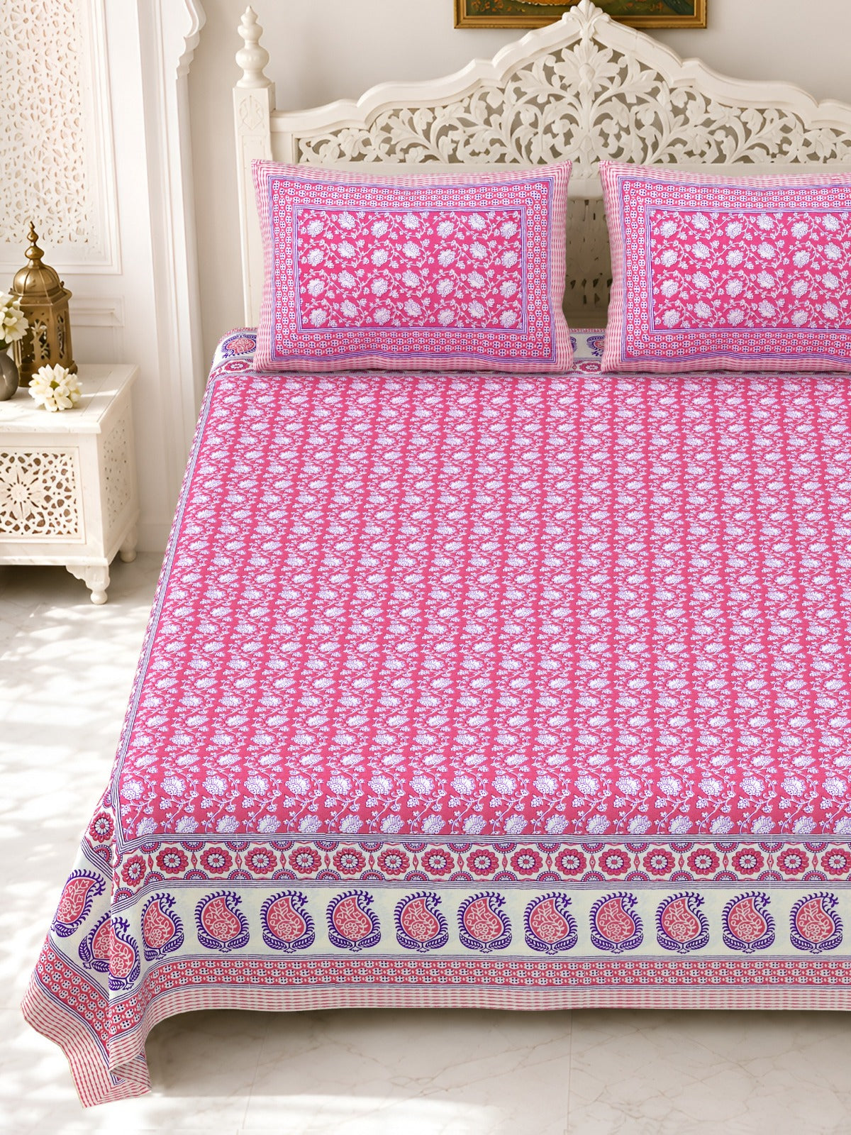 Premium Royal Block Pink Booti Cotton Double Bedsheet 90x108 with 2 Pillow Covers Bedsheet 1YwSW6N_bDZ4B3ne495rA3SkLe-U_EnmG_w2000