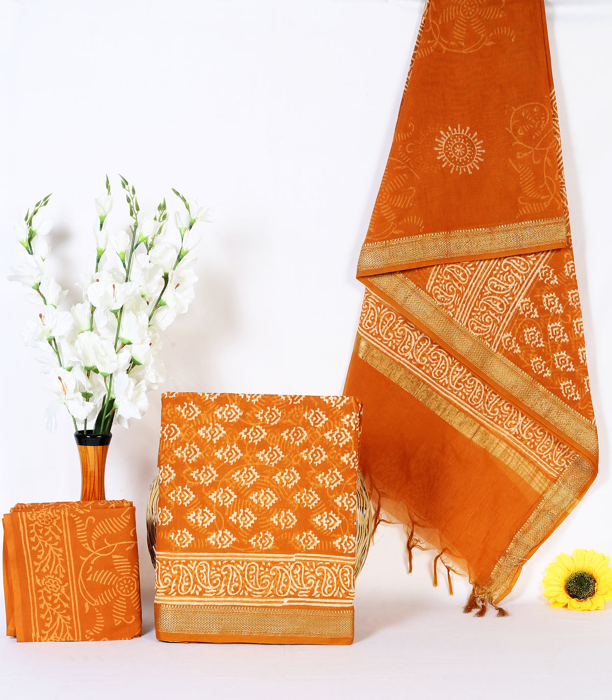 Kesariya Buta saffron orange buta maheshwari silk hand block print suit material with zari border – wholesale Jaipur