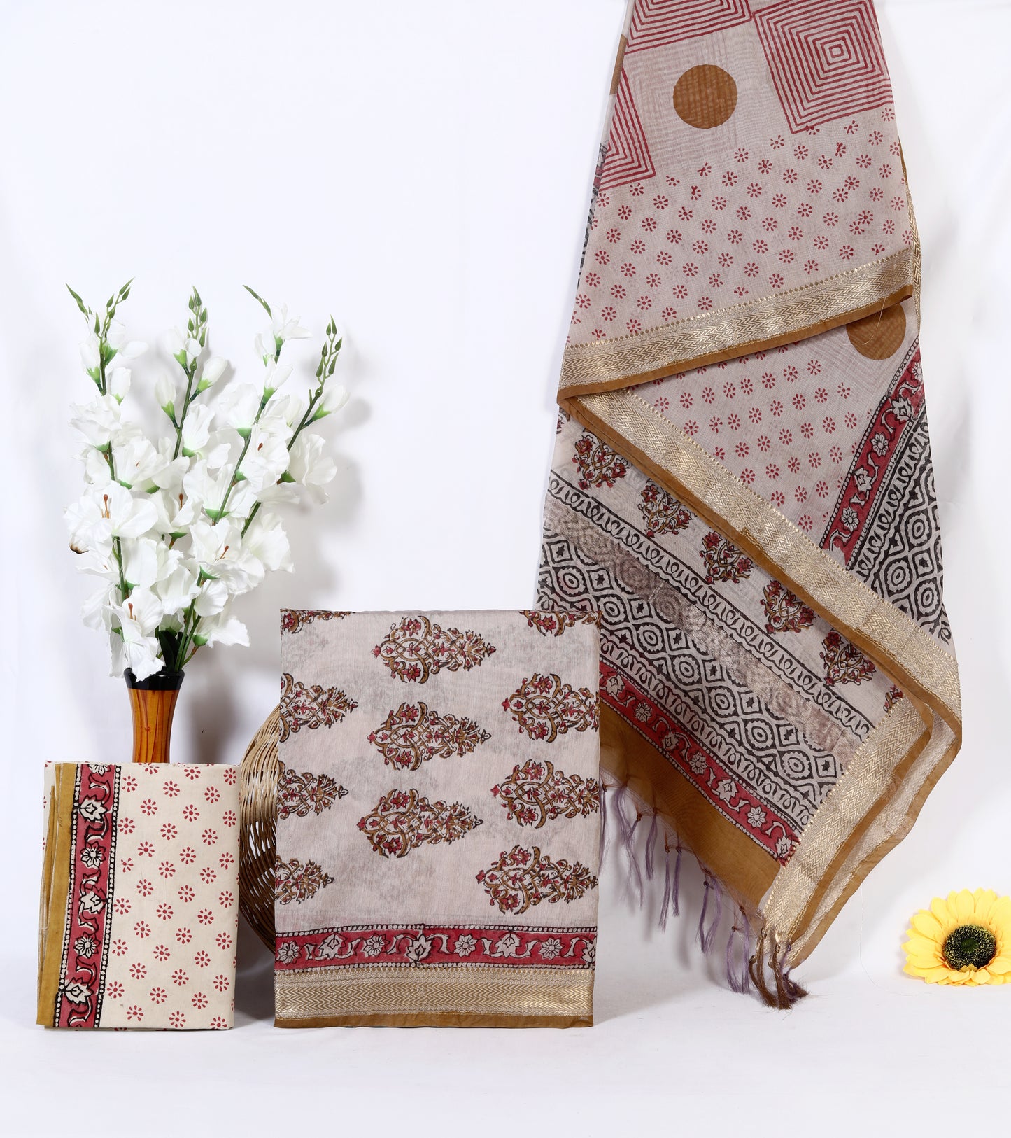 Maheshwari Silk Hand Block Printed Unstitched Suit Material | Mughal Buta Print | Beige & Red | Zari Border Dupatta | Wholesale