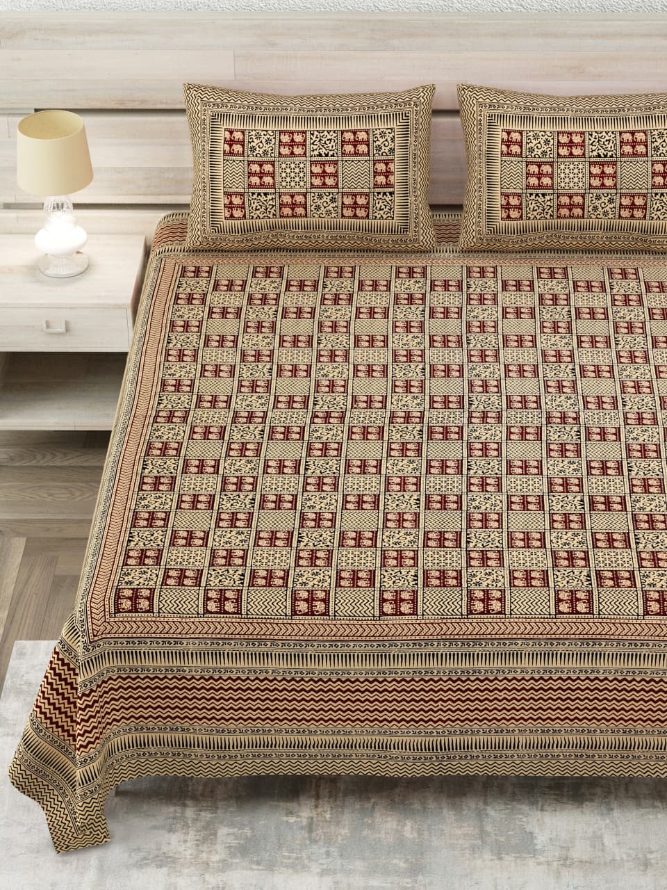 Royal Sanganer Beige Maroon Chowkdi Pure Cotton Double Bedsheet 90x108 with 2 Pillow Covers Bedsheet 1_5qjFL9dAnbXk2rKWcCEI2SFuNiXmHQ1_w2000