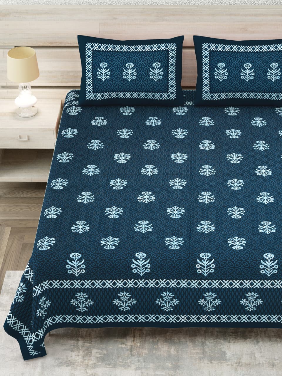 Royal Sanganer Indigo Tree Buta Pure Cotton Double Bedsheet 90x108 with 2 Pillow Covers Bedsheet 1_F2O0wGNg4z7qHO5wl5hOvw9mmUATGnD_w2000