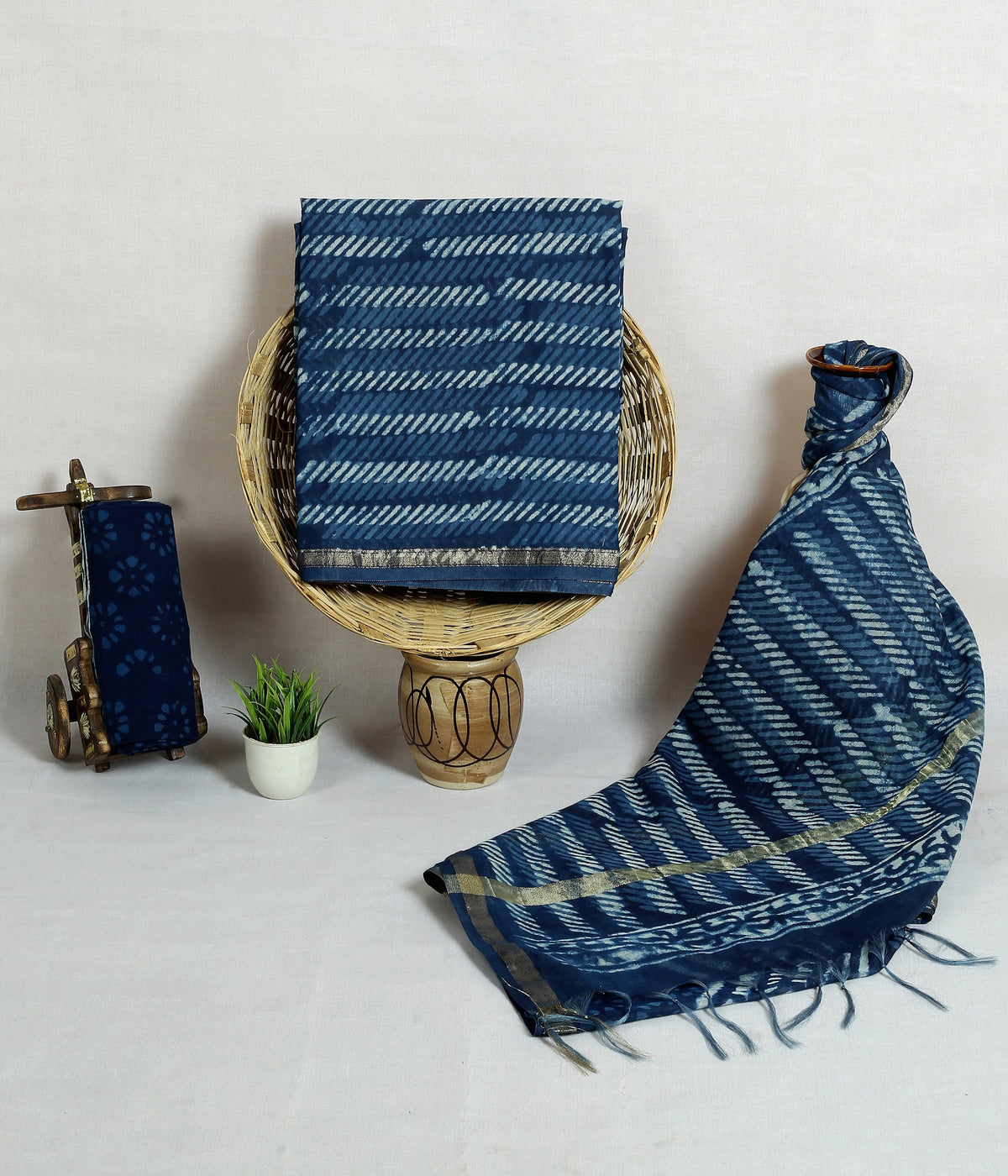 Neel Dhaari Indigo Stripe Chanderi silk hand block print suit material