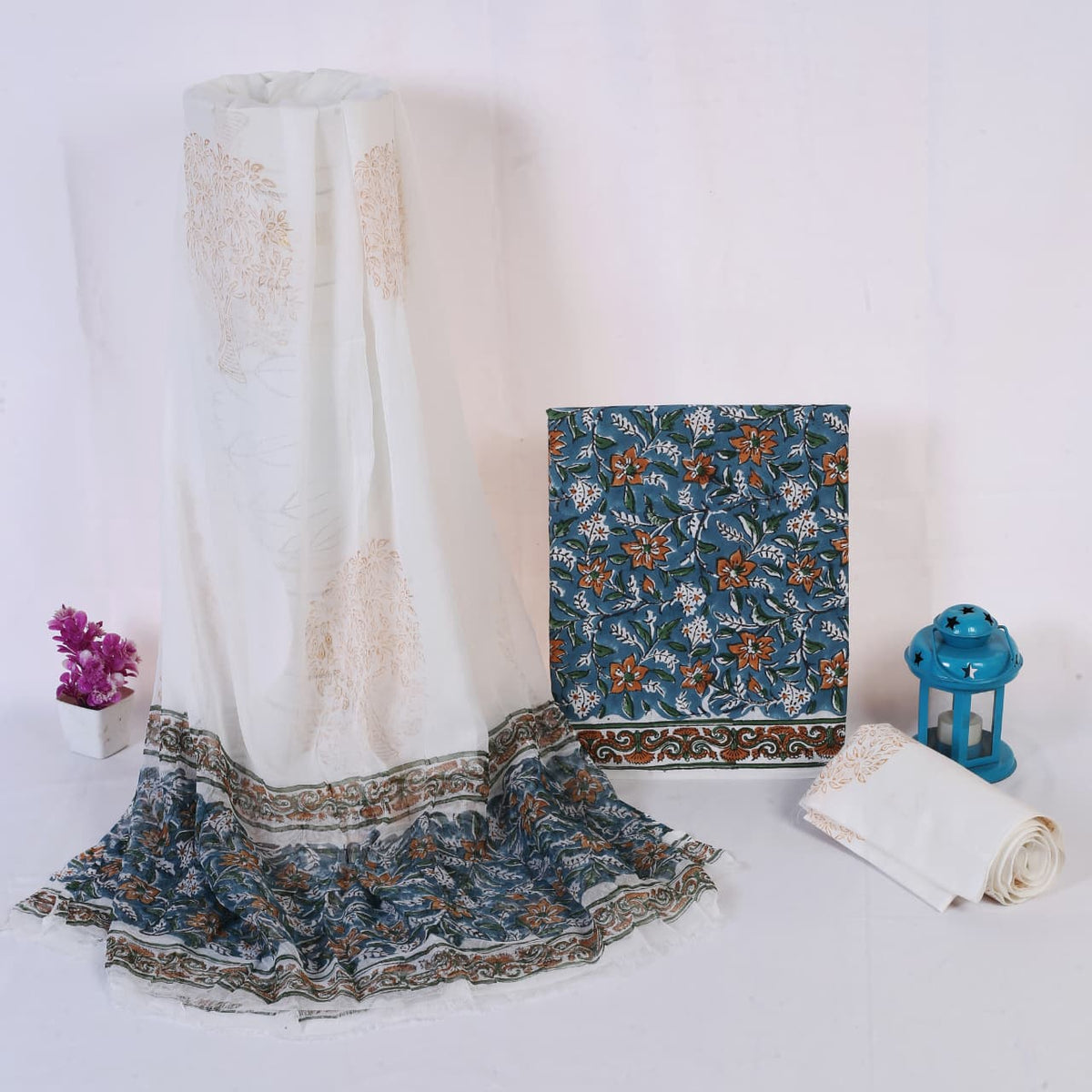 Blue Mustard Floral Hand Block Print Cotton Suit with Chiffon Dupatta – Unstitched 3 Piece Suit Material 1bxQzGVnogOjcdlamTxlT2VsvhCldiU4F_w2000