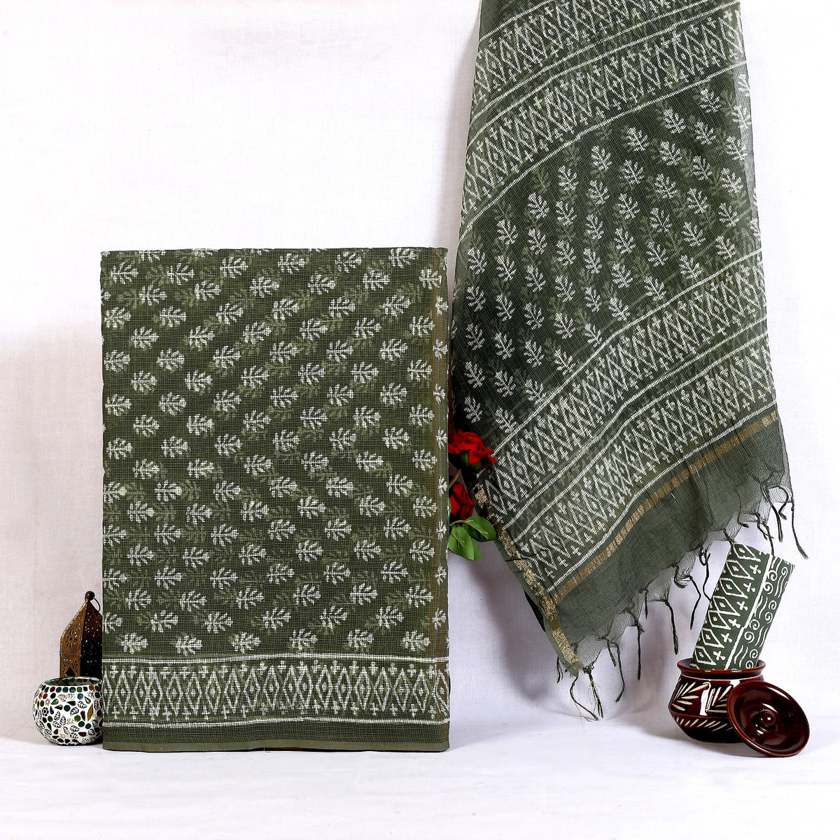 Dark Olive Buta Hand Block Print Pure Kota Doria Suit | Gehra Zaitun Buta | Unstitched 3 Piece (Top & Dupatta Kota) | Wholesale Suit Material 1c1TxmPa9BQWEIz1aTJ5MDR-_rJv1amXC_w2000