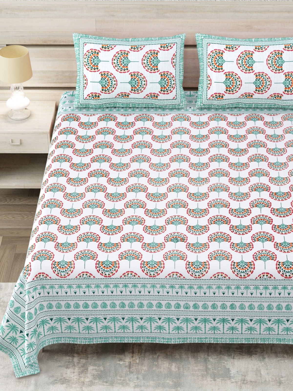 Avantika Aqua Border Fan Scallop Cotton King Bedsheet With 2 Pillow Covers Bedsheet 1cLNr2jrYwzdtlvZAZLlyuMYuQfVEBpIL_w2000