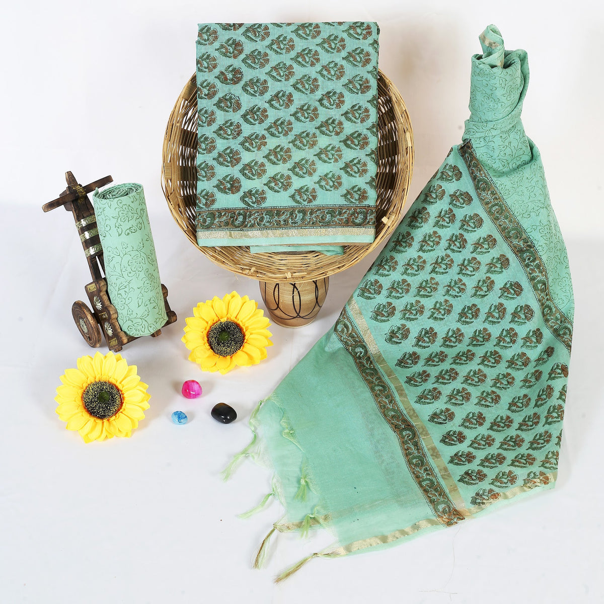 Pudina Buti Mint Buti Chanderi silk hand block print suit material