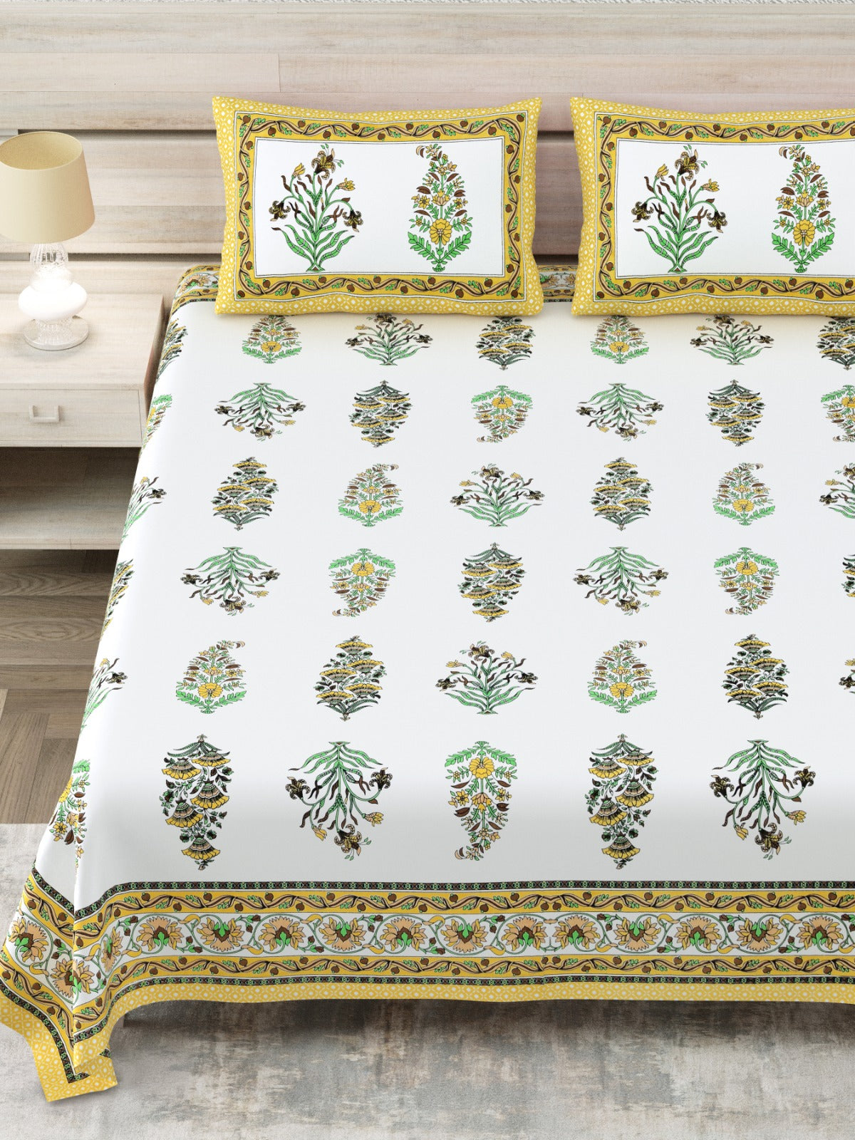 Avantika Yellow Border Leaf Buta Cotton King Size Bedsheet With 2 Pillow Covers Bedsheet 1dX9y7j-T84PSF3k9OPj0soZxJMMLXoRF_w2000