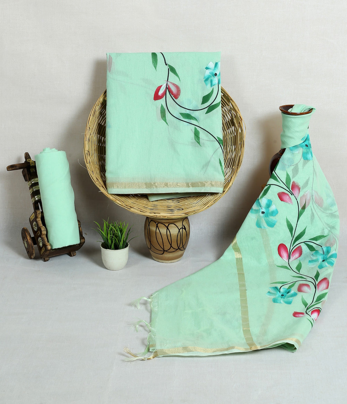 Pudina Rang Phool Mint Painted Floral Chanderi silk hand-painted suit material