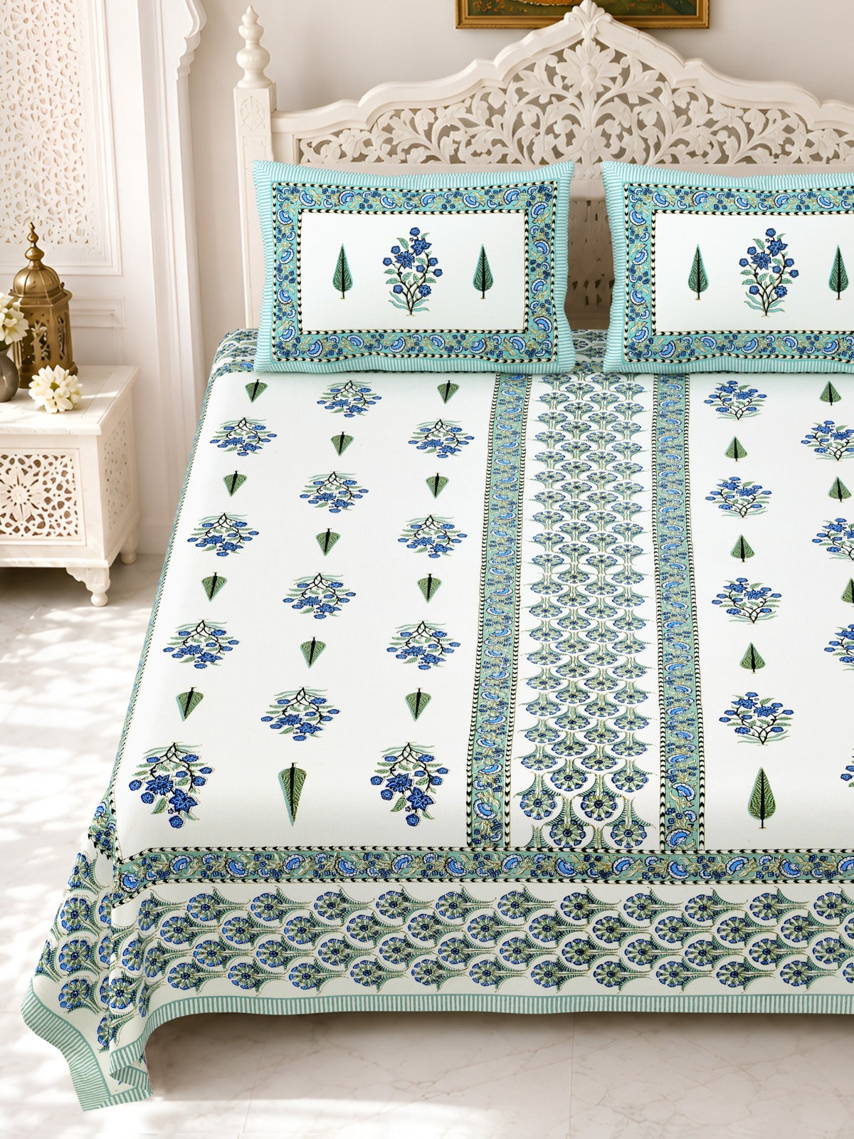 Premium Royal Block Sea Green Panel Floral Cotton Double Bedsheet 90x108 with 2 Pillow Covers Bedsheet 1eB8vxzn7PVtCUMN6J0hvjgBJ54yJz18h_w2000