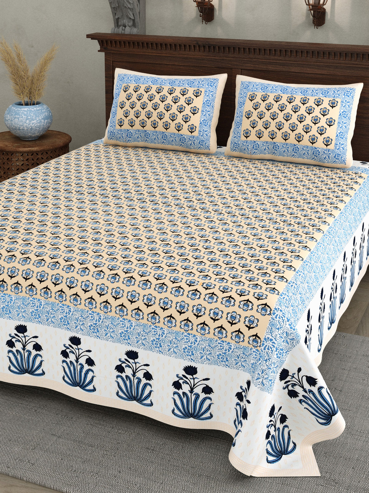 Kesar Peach Blue Flower Pot Border Cotton Double Bedsheet 90x108 with 2 Pillow Covers Bedsheet 1fXhM6d7oEwQkxzvlUGiTgrlU11_dNYBh_w2000