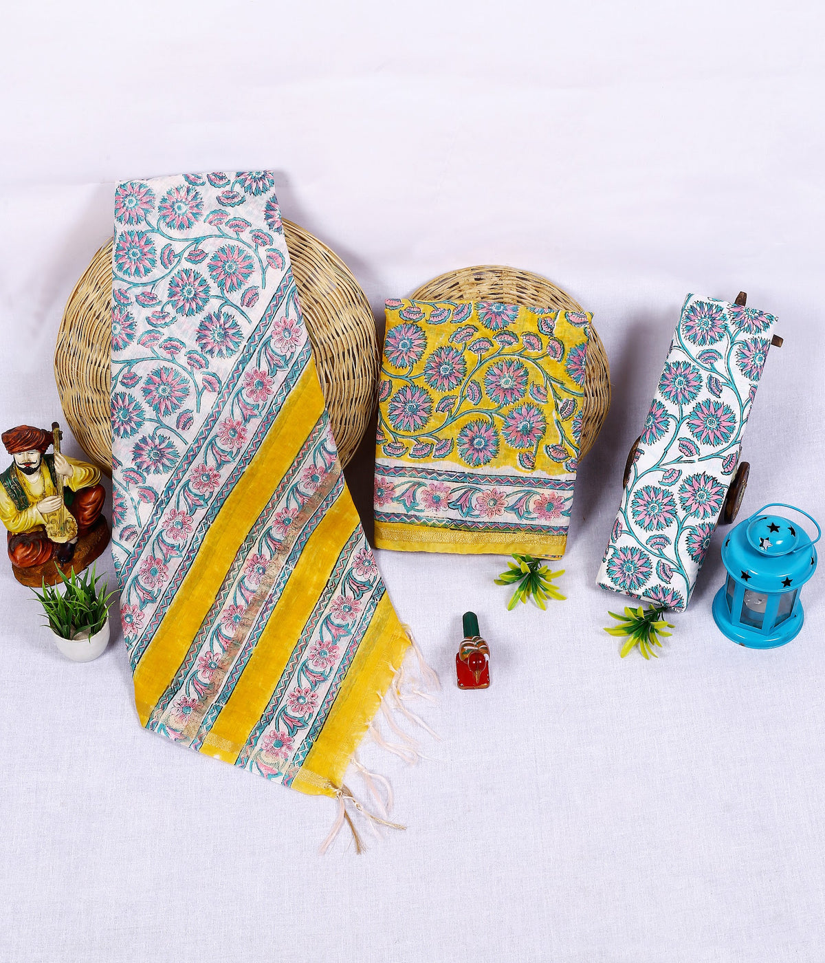 Peela Neel Phool Yellow Blue Floral Chanderi silk hand block print suit material