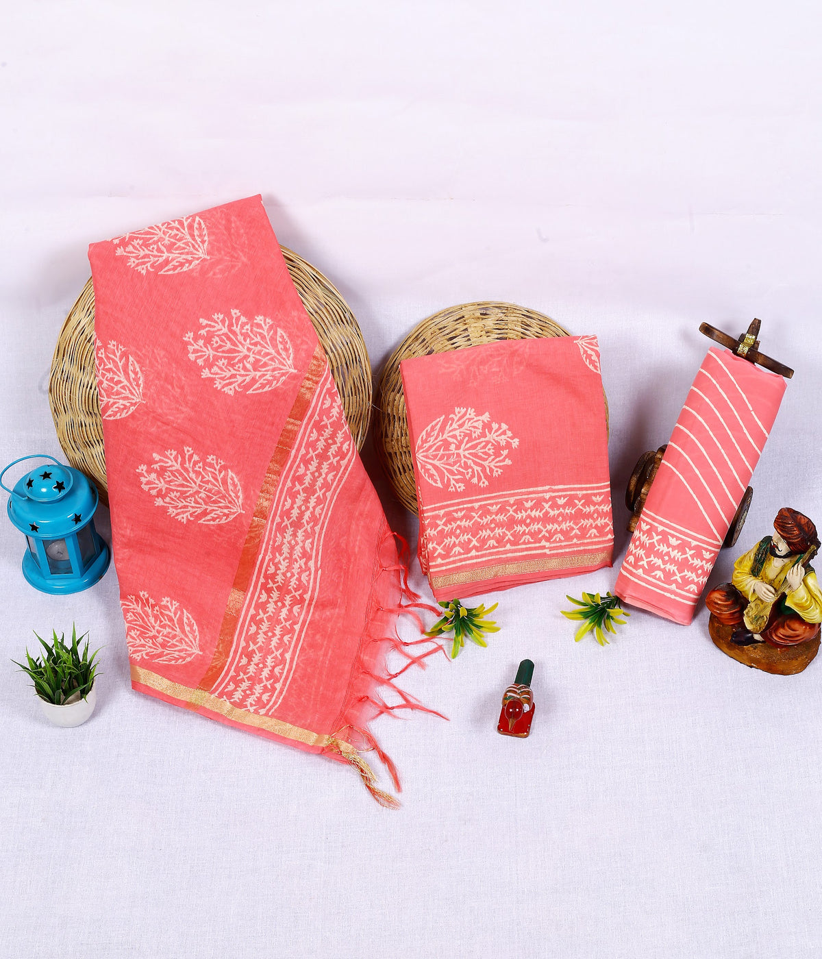 Moonga Patta Coral Leaf Buta Chanderi silk hand block print suit material