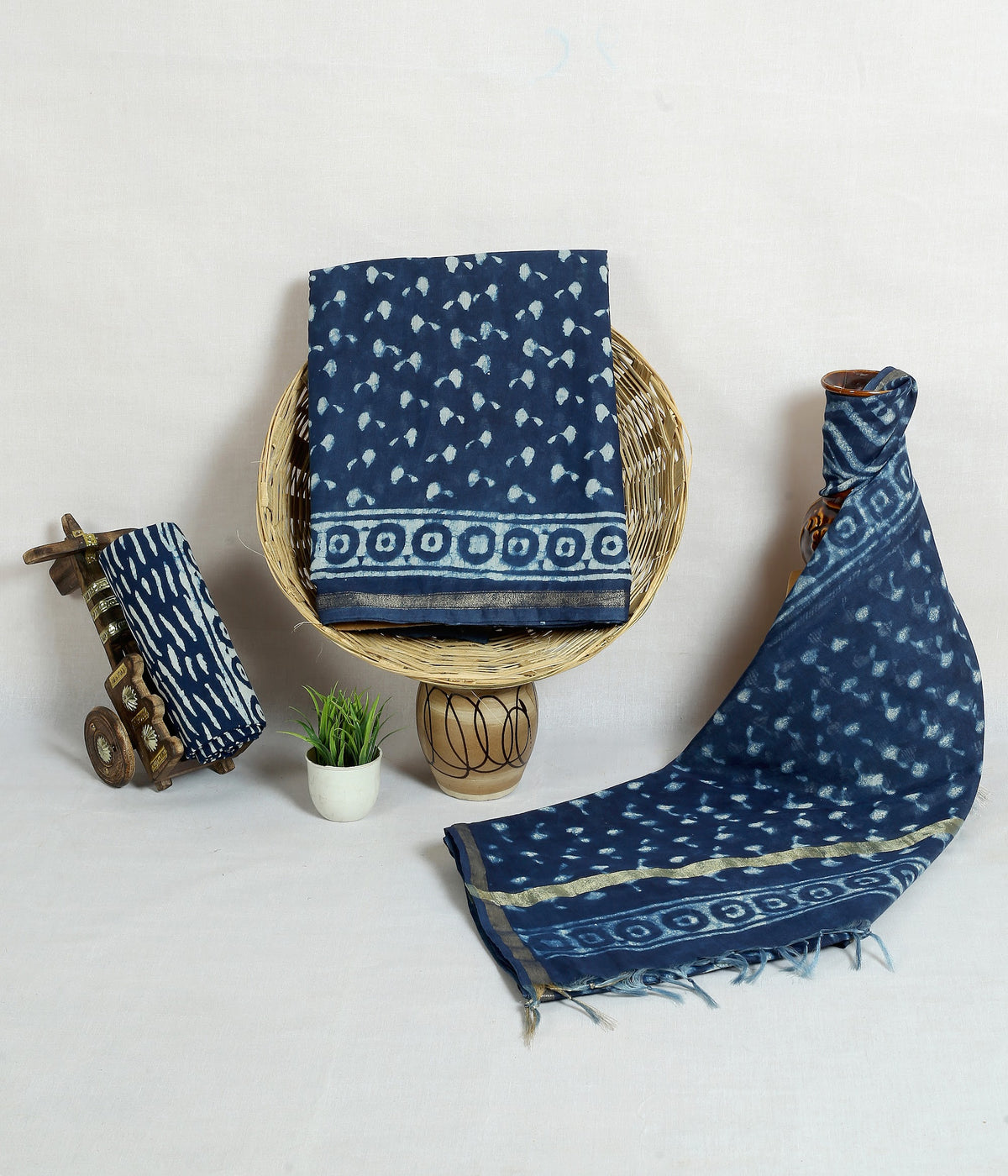 Neel Buti Indigo Buti Chanderi silk hand block print suit material