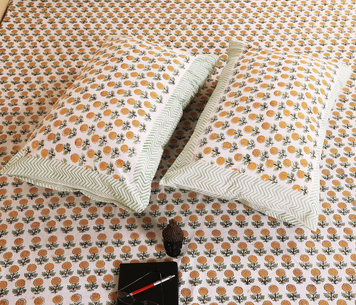 Genda Buti hand block printed Murugan cotton double bedsheet 95x108 with 2 pillow covers – mustard yellow – wholesale Jaipur – view 3