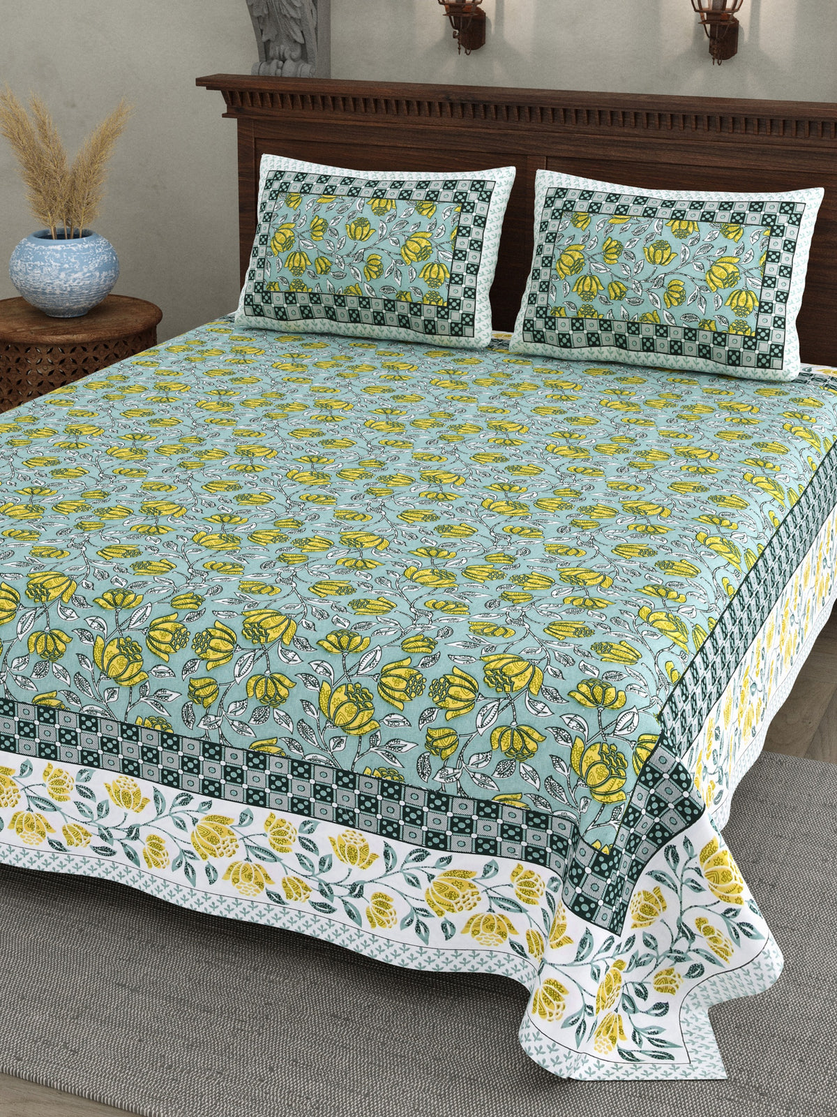 Neelam Aqua Lemon Floral Cotton Double Bedsheet 90x108 with 2 Pillow Covers Bedsheet 1lVPvhkSp9ryCj54lr4D7CymShOxPHnlK_w2000