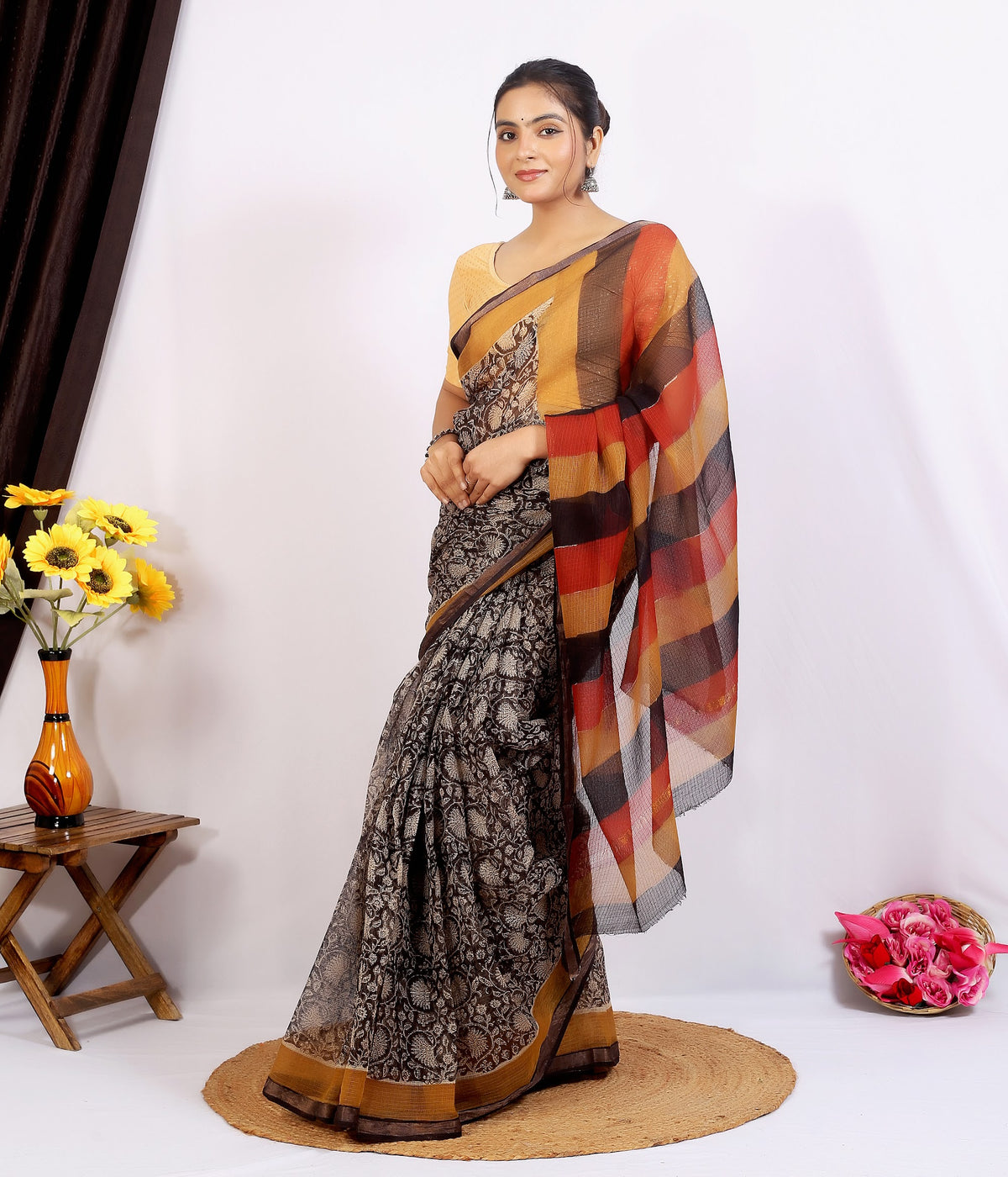 Black Rust Stripe Pallu Kota Doria Hand Block Print Saree with Blouse Saree 1lo229dGwC1TzWvOSRnKMvBD6Z9pb1cCg_w2000