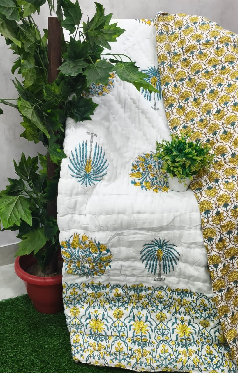 White Yellow Palm Buta Jaipuri Mulmul Razai – Reversible, Cotton Filled Razai 1meLifA87d71tTxPzdT9PHC8MGcegIIlM_w2000